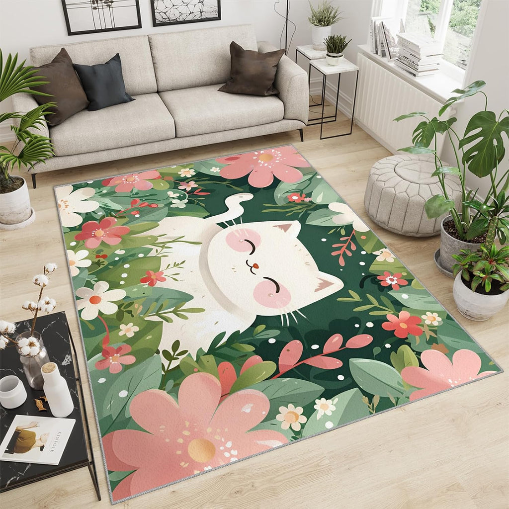 Cat in The Garden Rug for Kids Room - 6x8 Large Rug, Animal Cat Rugs for Bedroom Watercolor Flowers Area Rugs for Living Room Home Decor Washable Rug