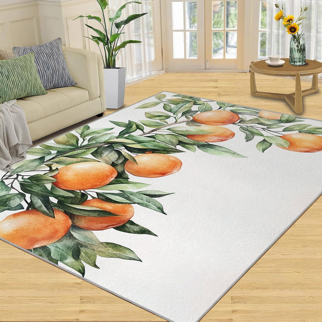 Fruit Rug 6x8, Orange Rugs for Living Room, Watercolor Rugs for Bedroom, Washable Area Rug, Non Slip Carpet for Hardwood Floors
