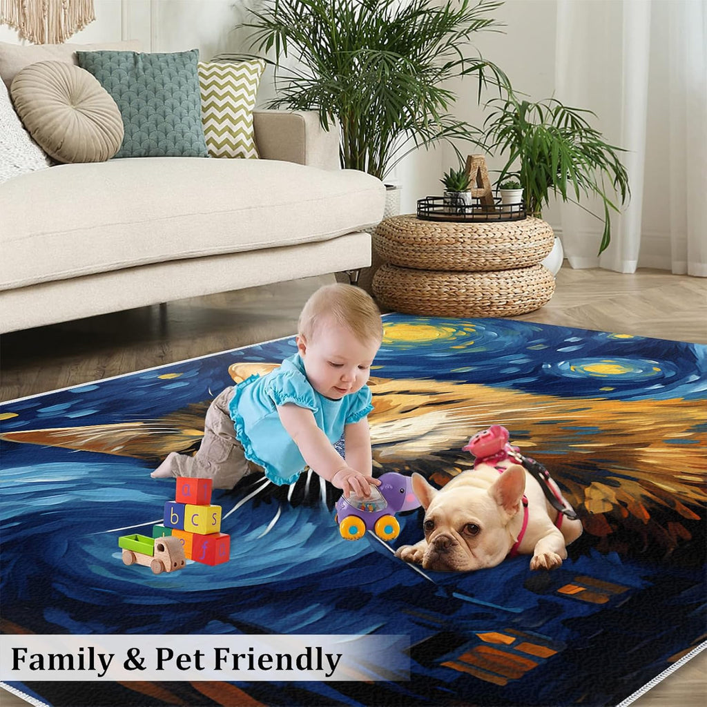 6x8 Area Rug - Starry Sky Norwegian Forest Cat Large Rugs for Living Room, Post-Impressionist Art Painting Carpet Area Rug for Girls Bedroom Kids Room Basement Office Classroom