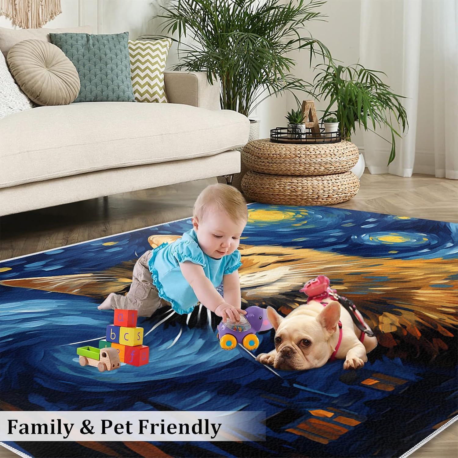 6x8 Area Rug - Starry Sky Norwegian Forest Cat Large Rugs for Living Room, Post-Impressionist Art Painting Carpet Area Rug for Girls Bedroom Kids Room Basement Office Classroom