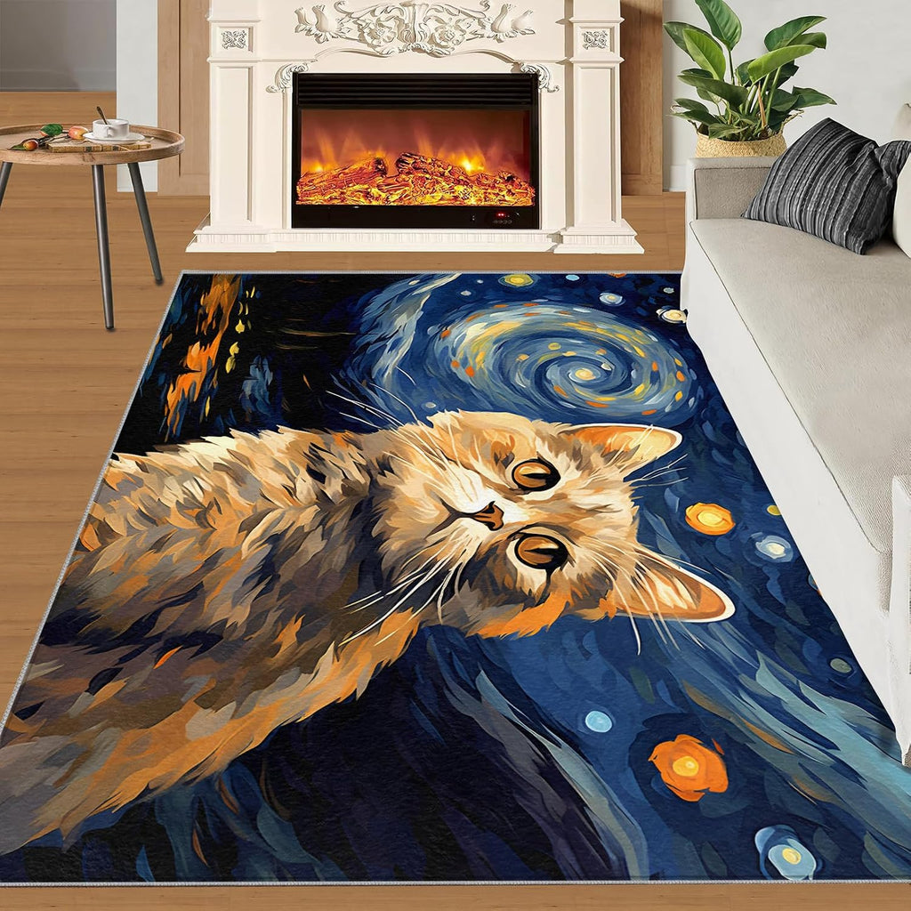 6x8 Area Rug - Starry Sky Golden Gradient Cat Large Rugs for Living Room, Post-Impressionist Art Painting Carpet Area Rug for Girls Bedroom Kids Room Basement Office Classroom