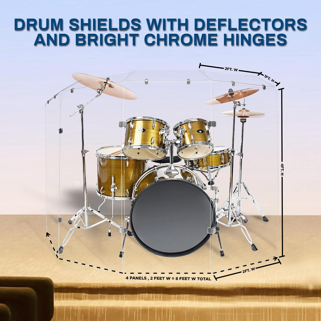 PENNZONI Drum Shield 4ft w/Deflectors & Chrome Hinges, Comes w/ 4 Drum Panels, 4 Deflectors, Chrome Hinges & Deflectors Connectors, Premium Clear Acrylic Panels
