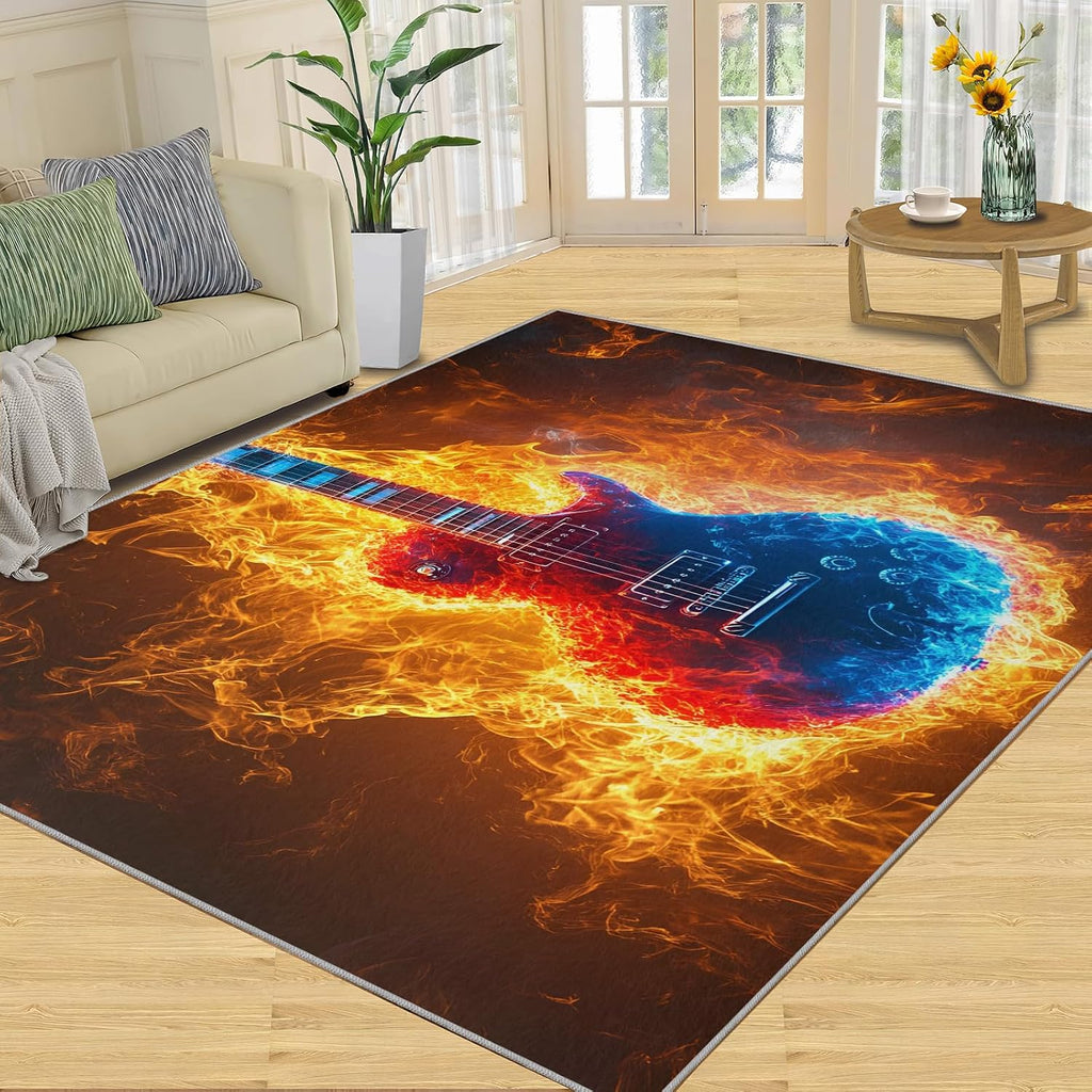 Flame Guitar Area Rugs 6x9 - Electric Guitar Rugs for Living Room, Abstract Art Classroom Rug for Carpet Boy Bedroom Office Nursery Hardwood Home Decor