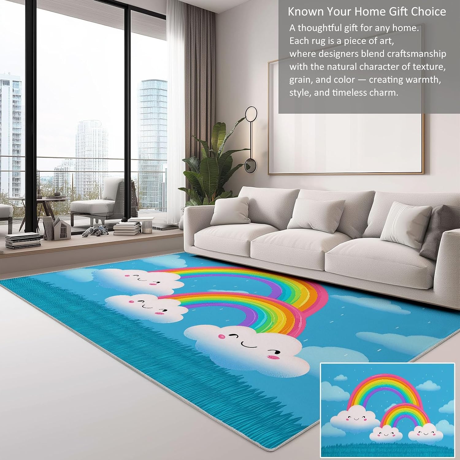 Cartoon Clouds Rainbow Area Rugs 5 x 7 ft for Kids Room Boys Girls, Blue Polyester Indoor Carpet - Machine Washable Non-Slip Soft Printed Rug for Bedroom Living Room Decor