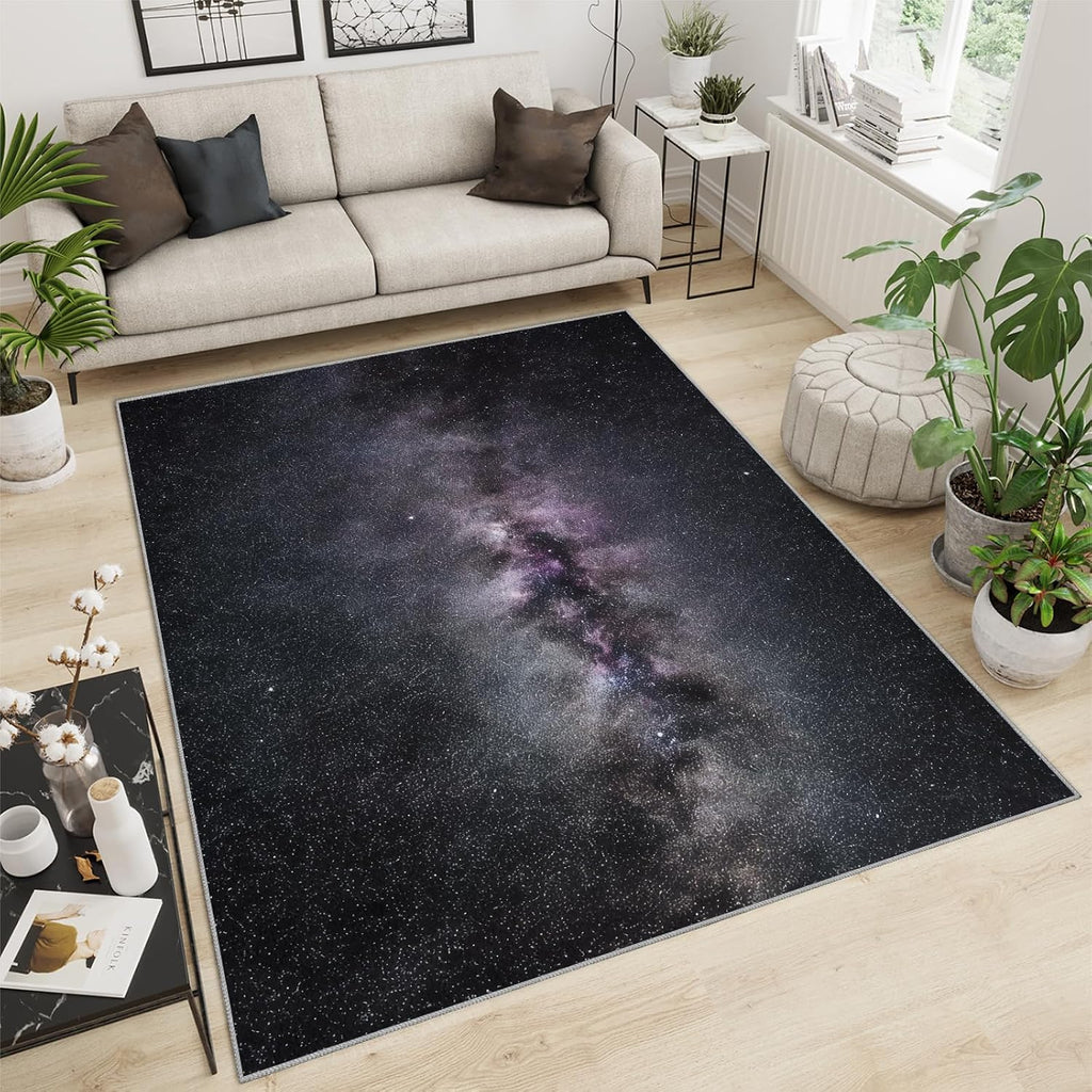 Mysterious Nebula Area Rug, Black Purple Starry Sky Rugs for Living Room, Indoor Non-Slip Kids Rugs, Machine Washable Breathable Durable Carpet for Front Entrance Floor Decor,6 x 8ft