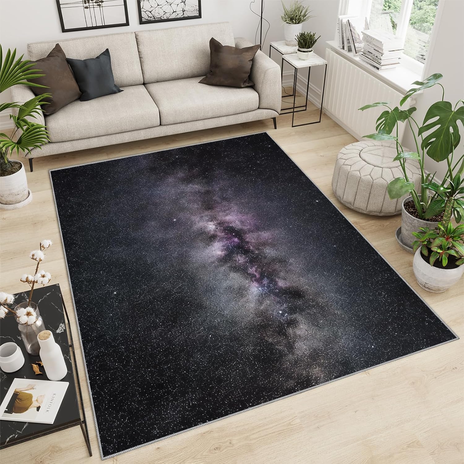 Mysterious Nebula Area Rug, Black Purple Starry Sky Rugs for Living Room, Indoor Non-Slip Kids Rugs, Machine Washable Breathable Durable Carpet for Front Entrance Floor Decor,6 x 8ft
