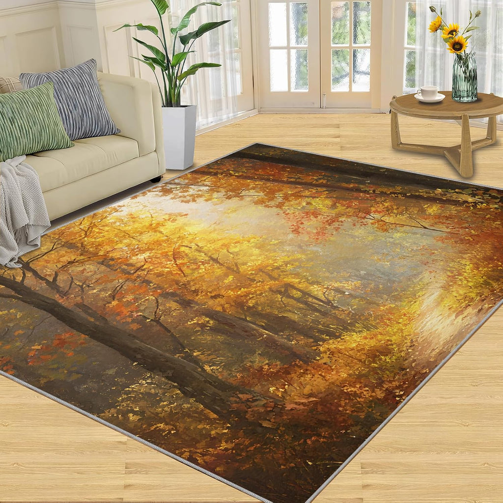 Autumn Forest Rug Large - 6x8 Rug, Fall Area Rugs for Bedroom, Maple Leaf Rugs for Living Room, Woodland Washable Mat, Landscape Carpet, Forest Home Decor & Gifts