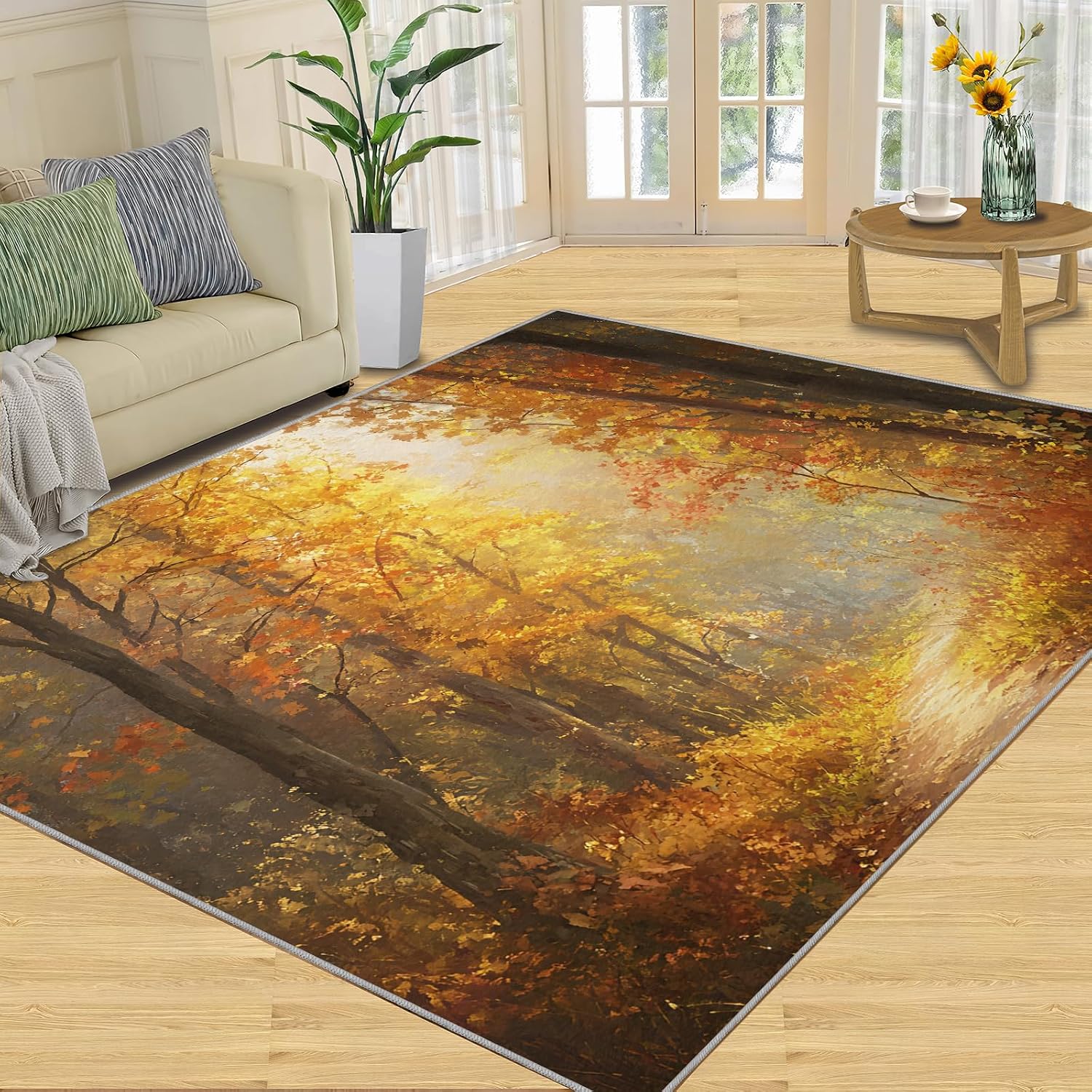 Autumn Forest Rug Large - 6x8 Rug, Fall Area Rugs for Bedroom, Maple Leaf Rugs for Living Room, Woodland Washable Mat, Landscape Carpet, Forest Home Decor & Gifts