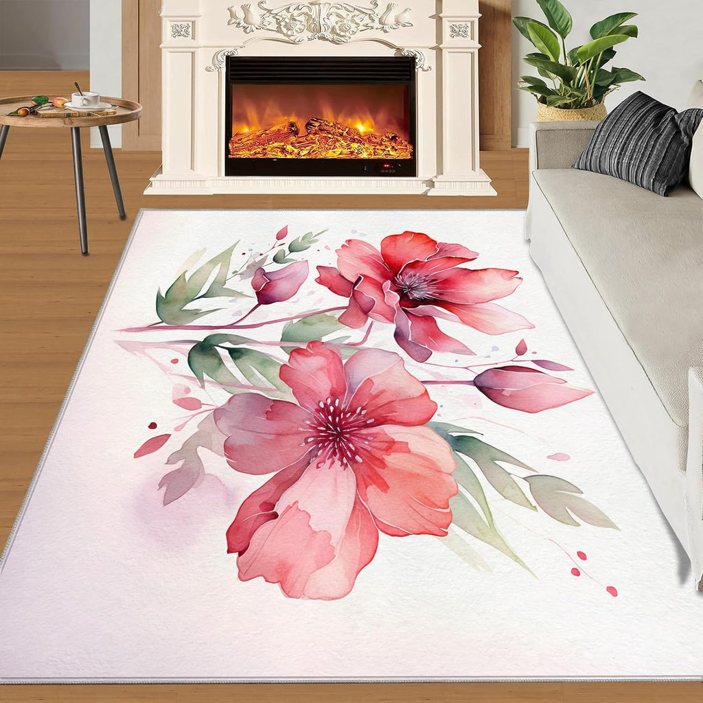 Area Rug 6x8ft, Red Flowers Rugs for Living Room, Simple Plants White Bedroom Rug, Machine Washable Breathable Durable Indoor Carpet for Bedside Porch Entryway Office