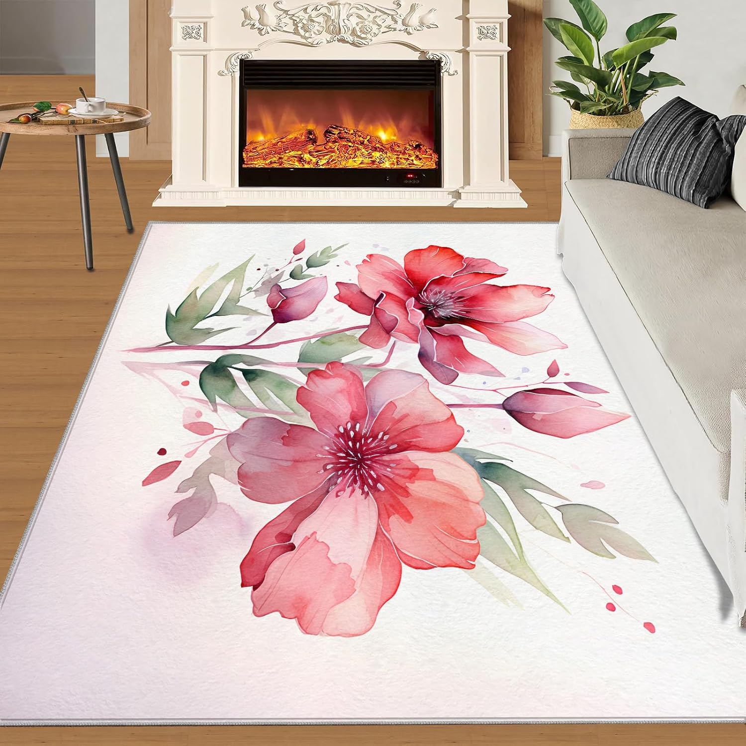 Area Rug 6x8ft, Red Flowers Rugs for Living Room, Simple Plants White Bedroom Rug, Machine Washable Breathable Durable Indoor Carpet for Bedside Porch Entryway Office