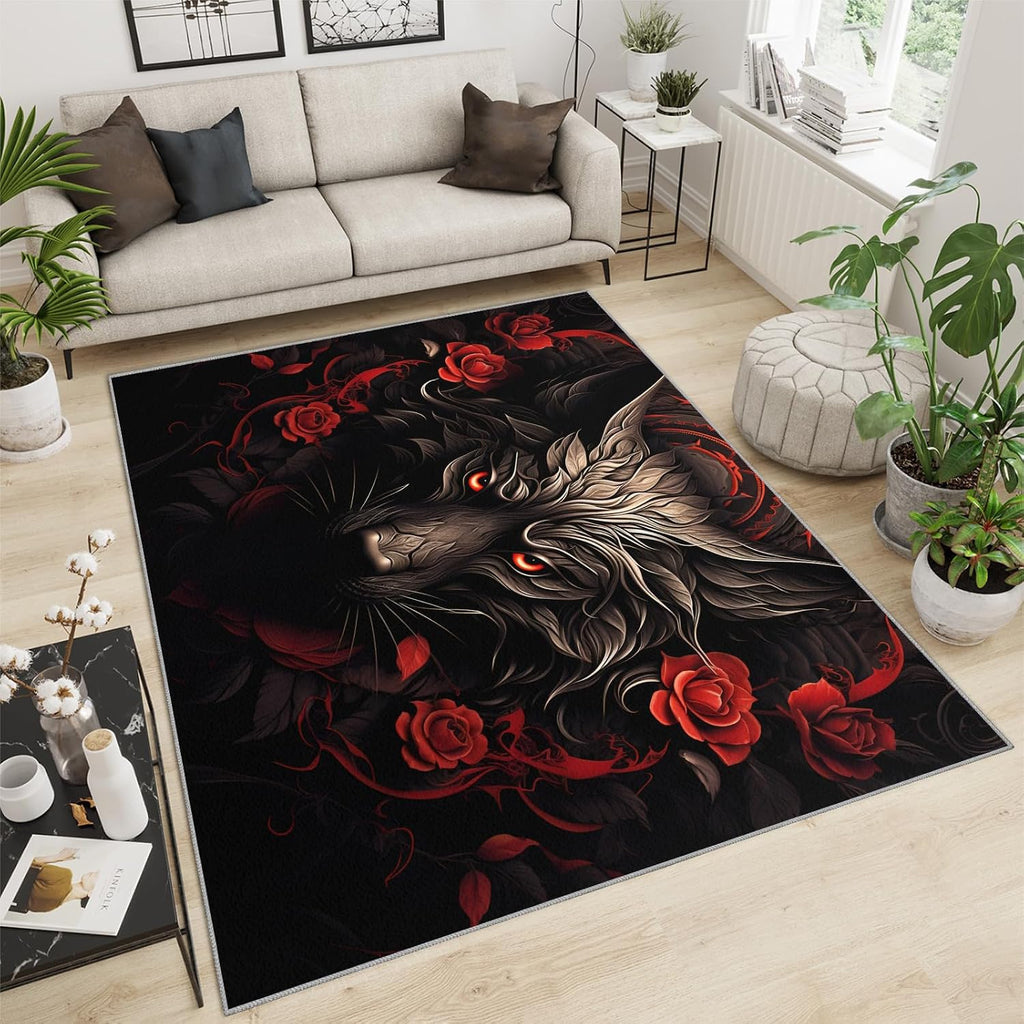 Wolf Rug for Kids Room - 6x8 Large Rug, Wolf and Red Rose Rugs for Bedroom Brown Animals Wolf Area Rugs for Living Room Home Decor Washable Rug