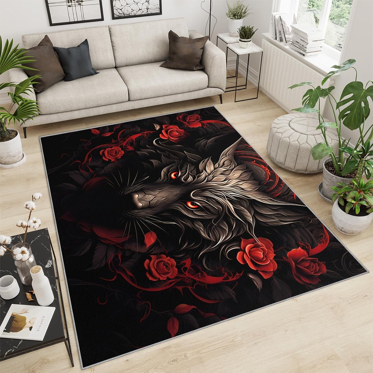 Wolf Rug for Kids Room - 6x8 Large Rug, Wolf and Red Rose Rugs for Bedroom Brown Animals Wolf Area Rugs for Living Room Home Decor Washable Rug