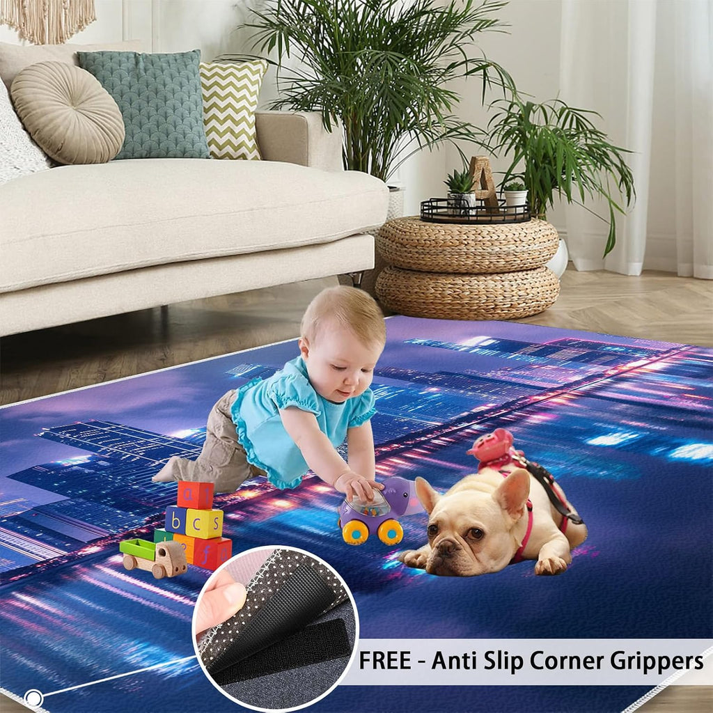 Futuristic Rugs for Living Room 6x8 Rug, Sci-Fi City Area Rug, City Night Scene Rugs, Large Machine Washable Rug, Non-Slip Floor Carpet for Bedroom Kids Room Home Decor