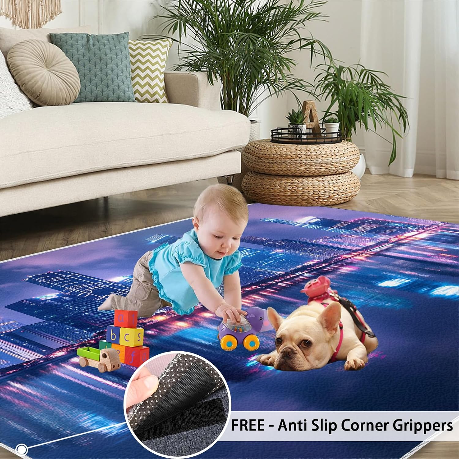 Futuristic Rugs for Living Room 6x8 Rug, Sci-Fi City Area Rug, City Night Scene Rugs, Large Machine Washable Rug, Non-Slip Floor Carpet for Bedroom Kids Room Home Decor