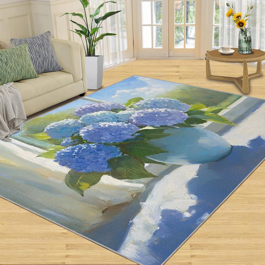 Hydrangea Area Rug Large - 6x8 Rug, Nordic Rugs for Living Room, Light Luxury Carpet, Watercolor Floral Washable Area Rugs for Bedroom, Aesthetic Carpet, Floral Home Decor