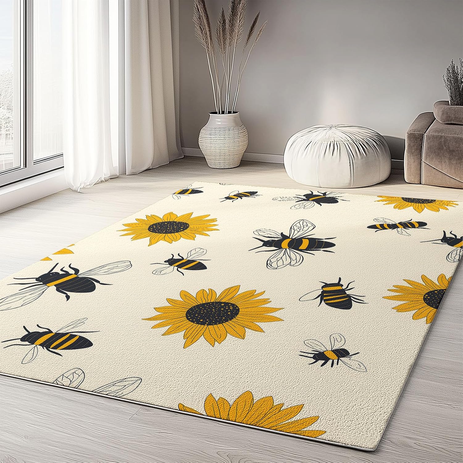 Minimal Sunflower and Bee, Machine Washable Area Rugs Perfect for high Traffic Areas of Your Living Room,Bedroom,Home Office,Kitchen Area Rug 6 x 8 ft Multicolor Carpet