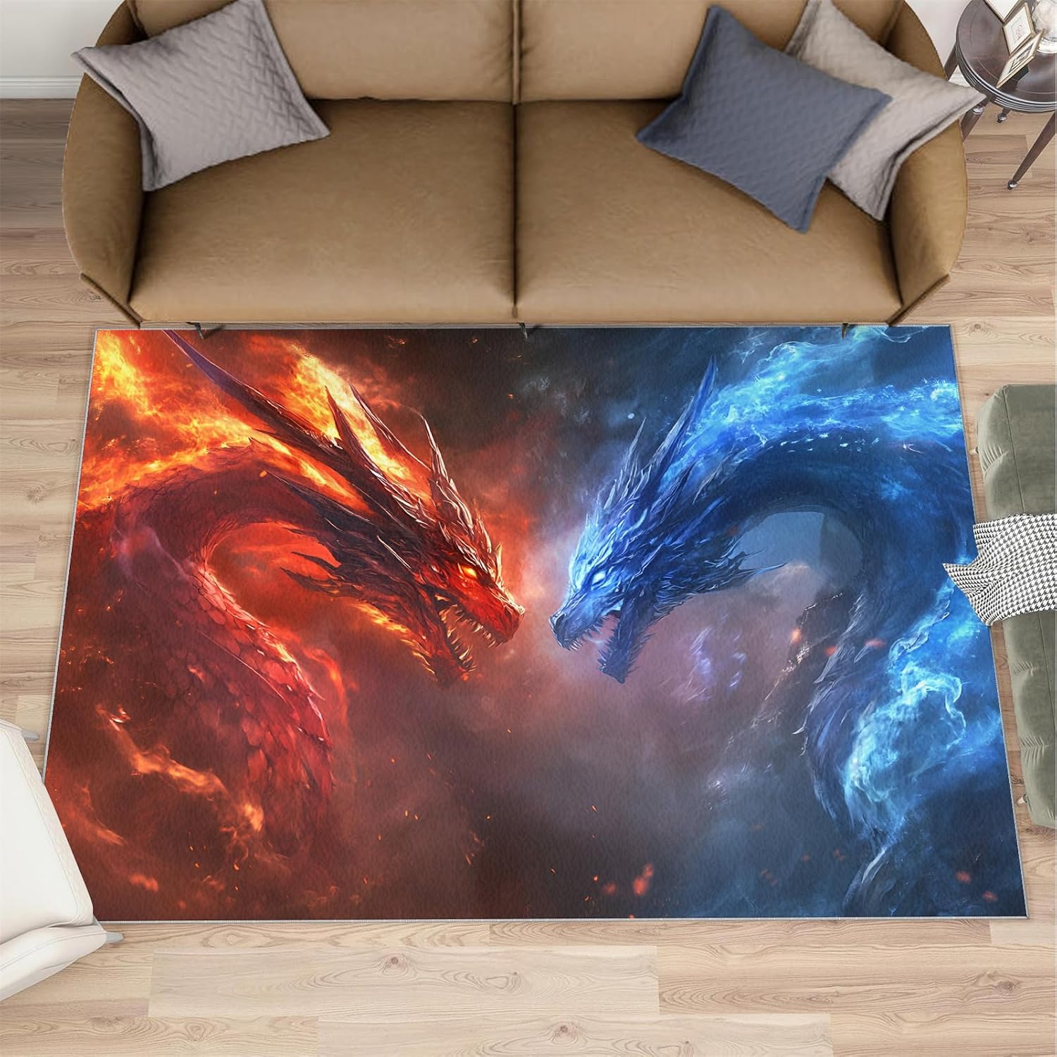 Ice Fire Dragon Living Room Rug, Fantasy Magic Dragon Area Rug, Washable Bedroom Rugs for Front Porch Kitchen Entryway Doormats Decor Floor Mat 6x8