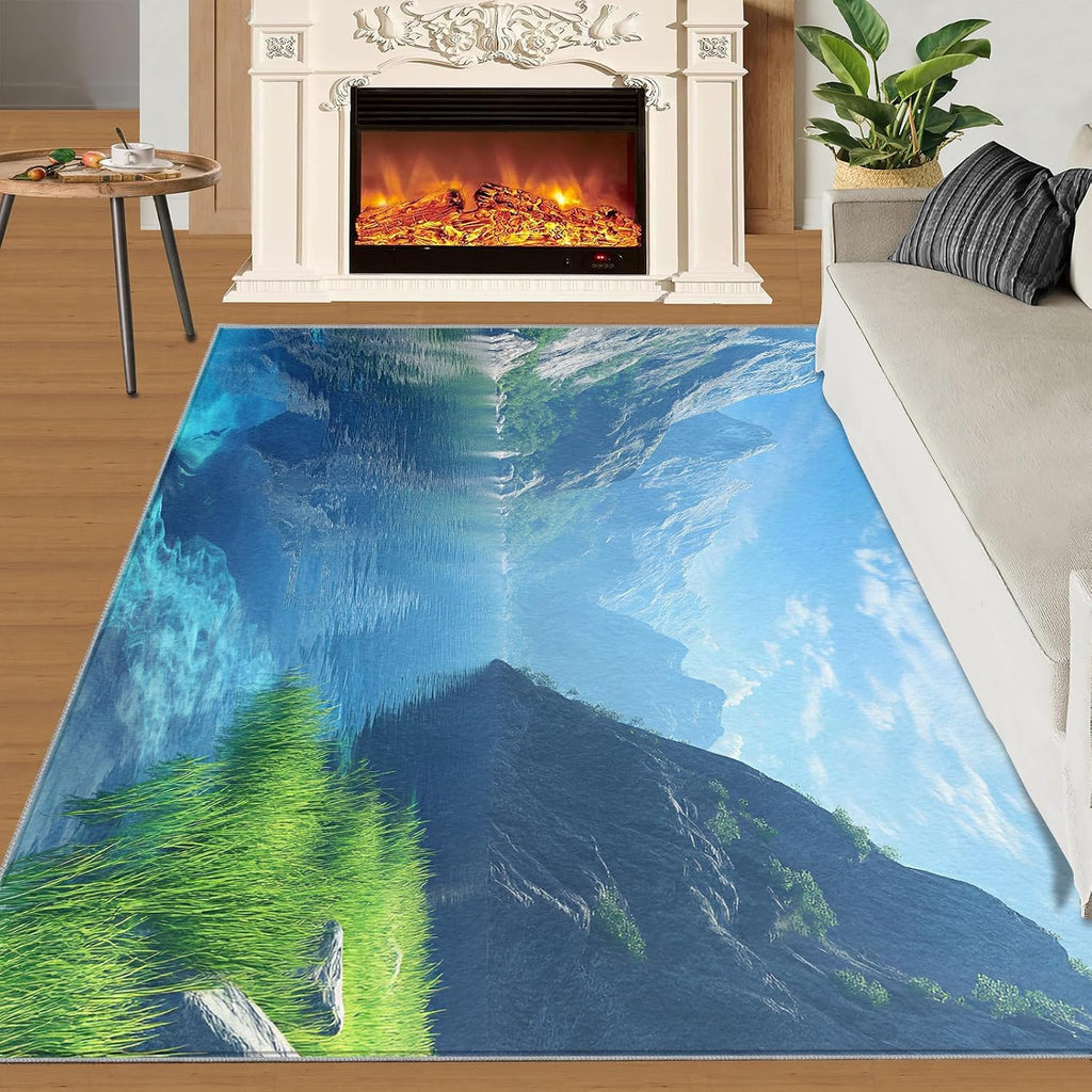 Nature Landscape Rug 6x8-6x8 Rug, Mountains Area Rugs for Living Room Bedroom, Lake Area Carpet, Natural Scenery Washable Carpet, Landscape Home Decor & Gifts