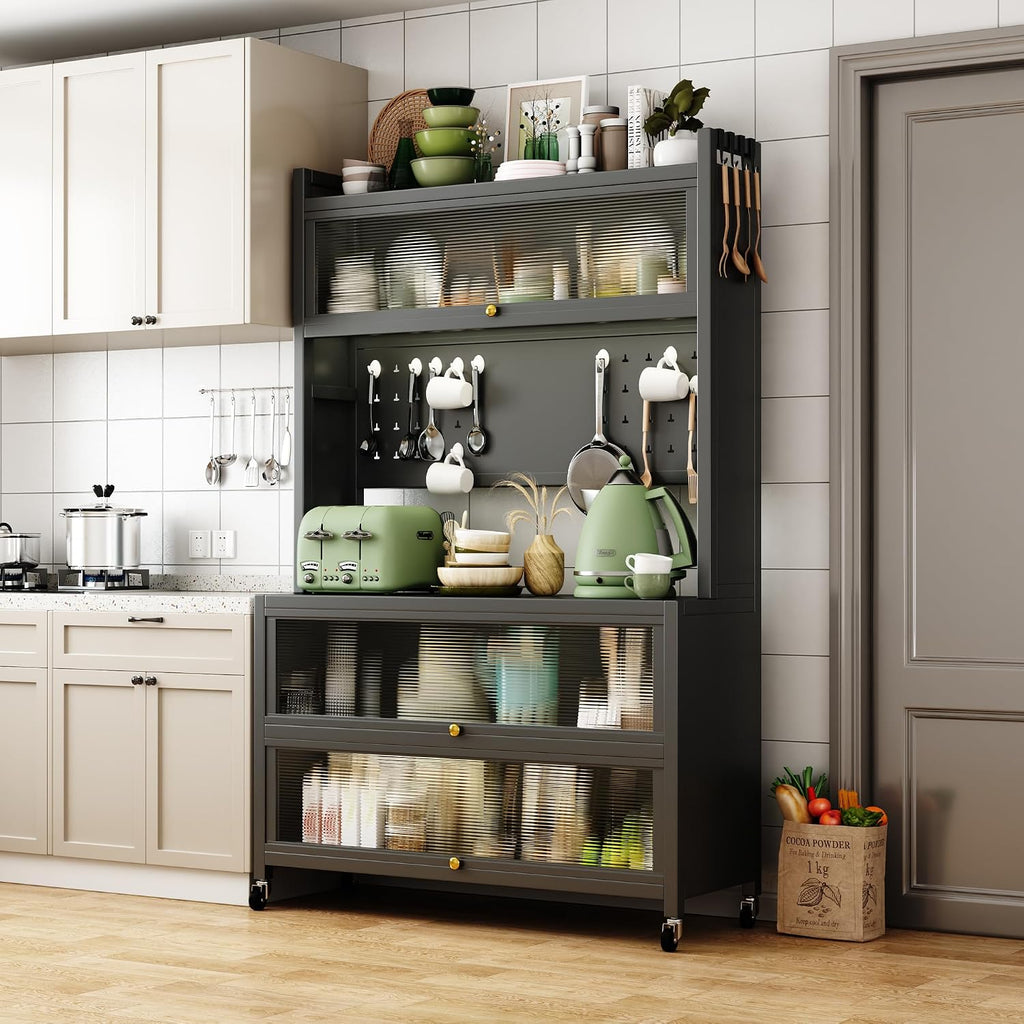 65-Inch Tall Kitchen Bakers Rack with Flip Door Cabinet, 5-Tier Microwave Stand and Coffee Bar, Pantry Storage with Pegboard Hooks, Quick Assembly, White,GreyMetal0