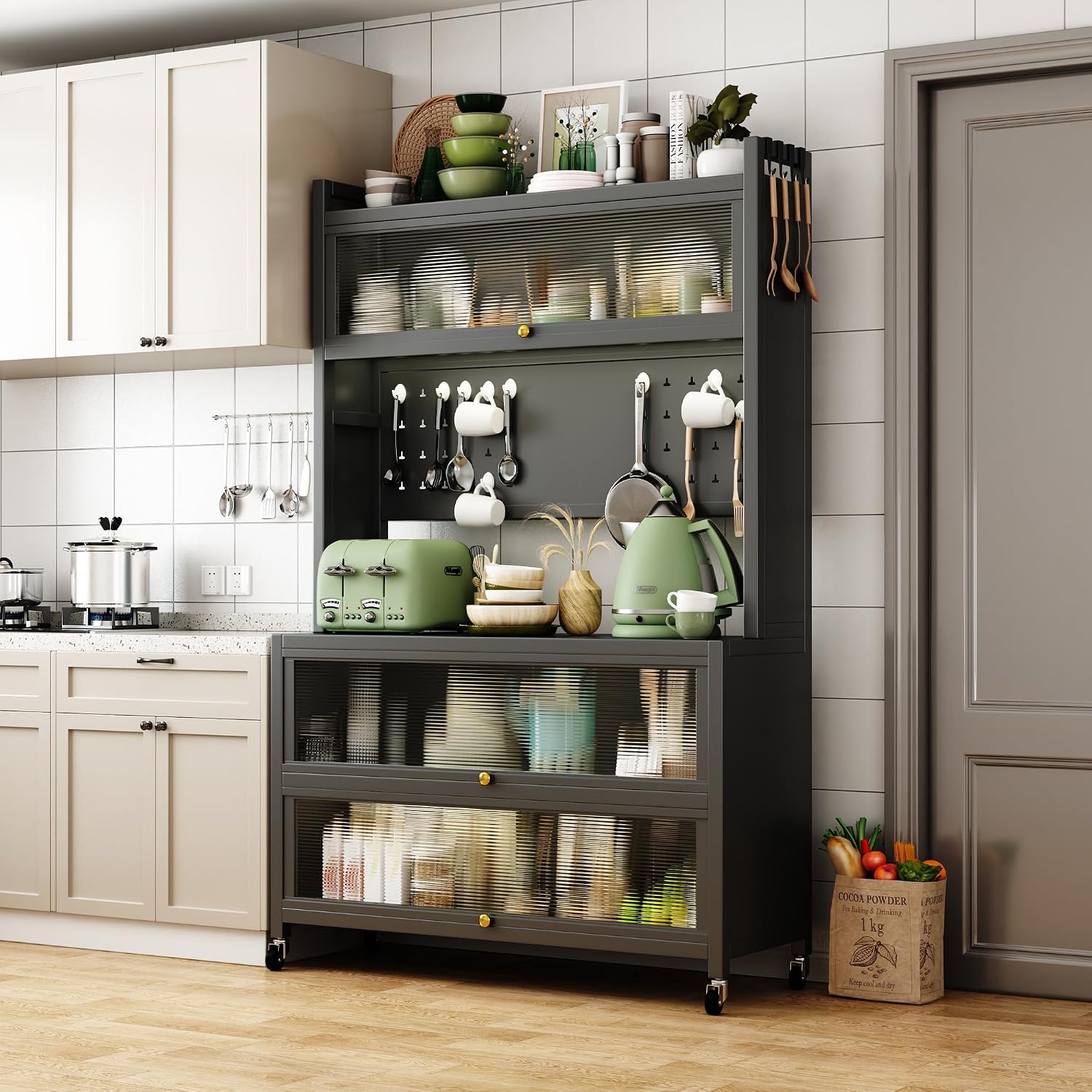 65-Inch Tall Kitchen Bakers Rack with Flip Door Cabinet, 5-Tier Microwave Stand and Coffee Bar, Pantry Storage with Pegboard Hooks, Quick Assembly, White,GreyMetal0