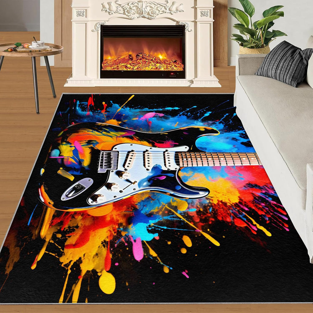 Music Guitar Rug for Bedroom - Music Area Rug - Guitar Lover Rugs for Living Room, Non-Slip Low Pile Carpet for Classroom Recording Studio Band 5x7ft