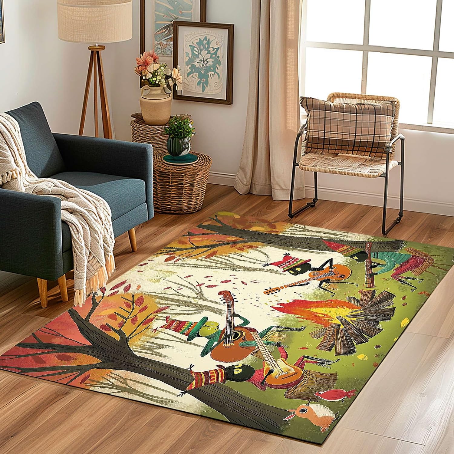 Anime Ants 8x10 Washable Large Area Rug Musical Instrument Guitar Carpet for Study Bedroom Nursery, Washable Rugs Non Slip Soft CarpetGreen Living Room Rugs Non-Slip