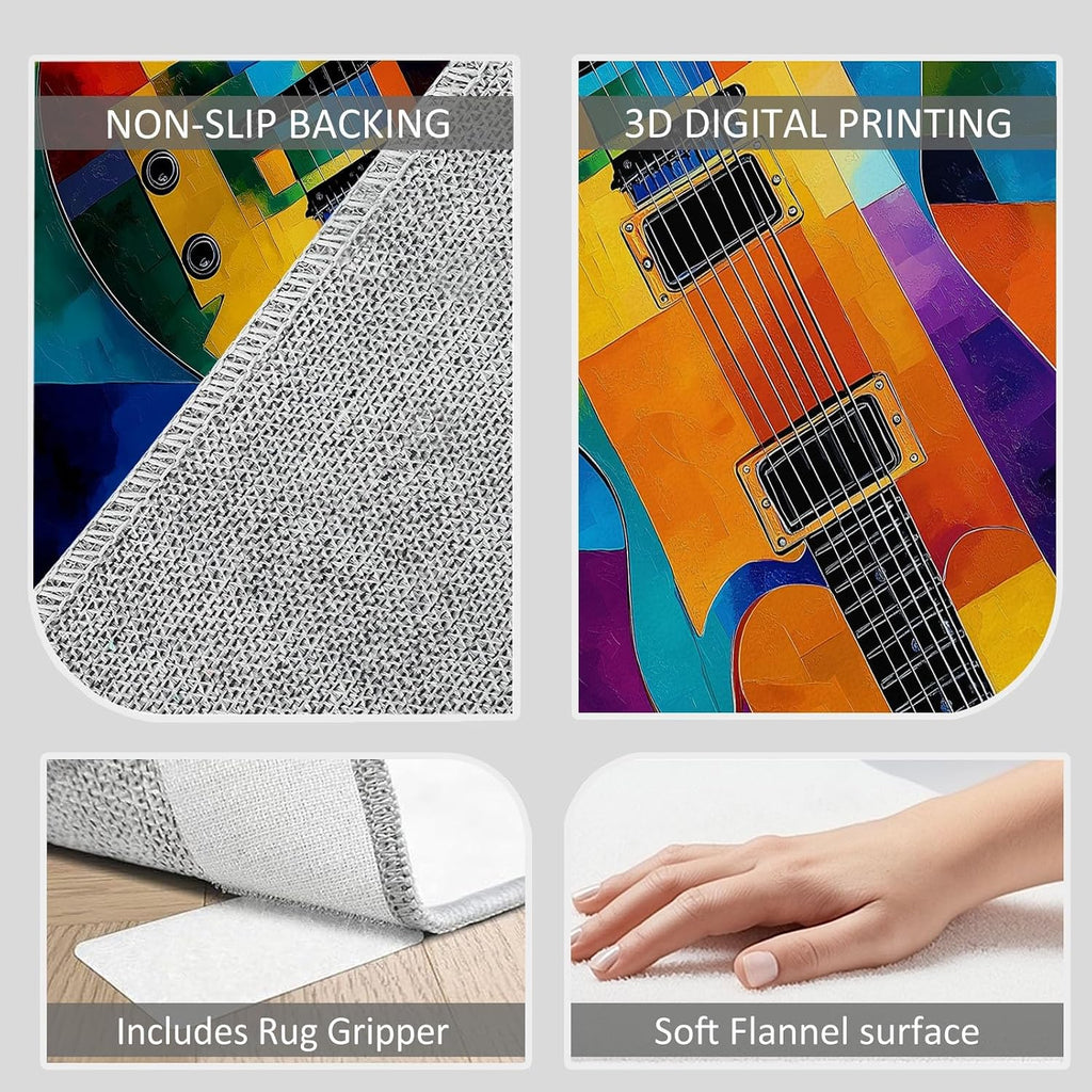 Area Rug 6x9 ft Abstract Colorful Guitar Rugs for Living Room Bedroom, Soft Washable Rug, with Non Slip Backing, Modern Faux Cashmere Low-Pile Carpet, Print Pattern Rug