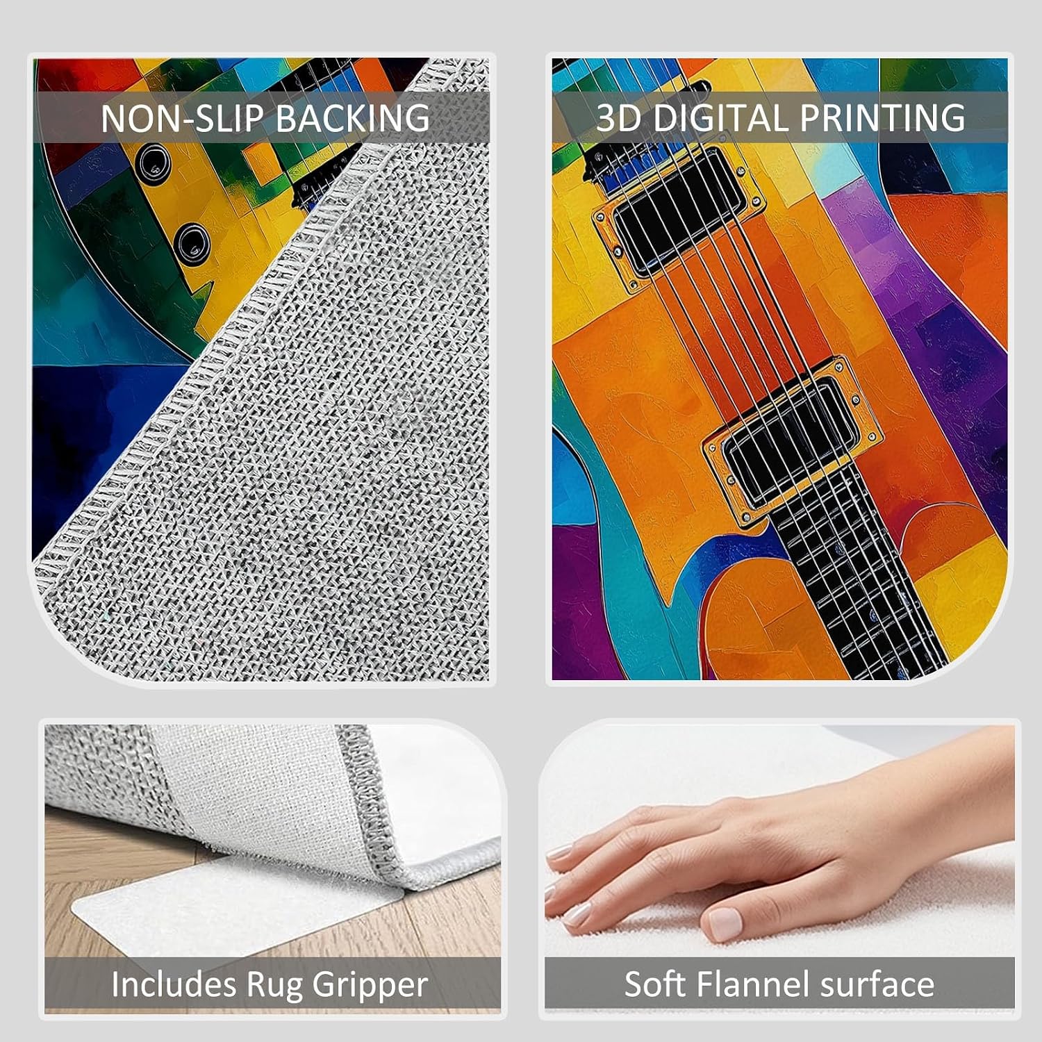 Area Rug 6x9 ft Abstract Colorful Guitar Rugs for Living Room Bedroom, Soft Washable Rug, with Non Slip Backing, Modern Faux Cashmere Low-Pile Carpet, Print Pattern Rug