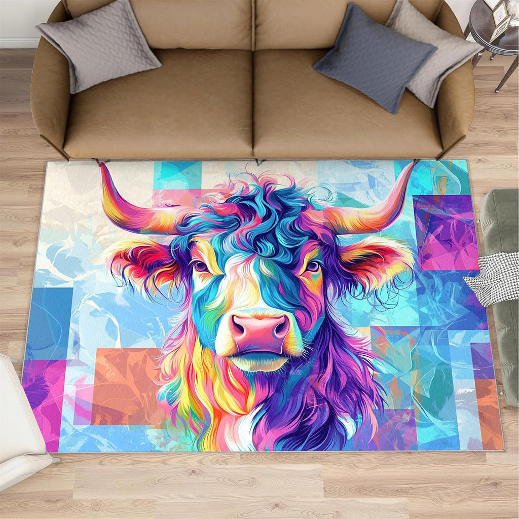 Highland Cow Rug 6x8-6x8 Rug, Western Area Rugs for Living Room Bedroom, Farmhouse Area Rugs, Modern Washable Carpet, Animal Carpet, Highland Cow Home Decor & Gifts
