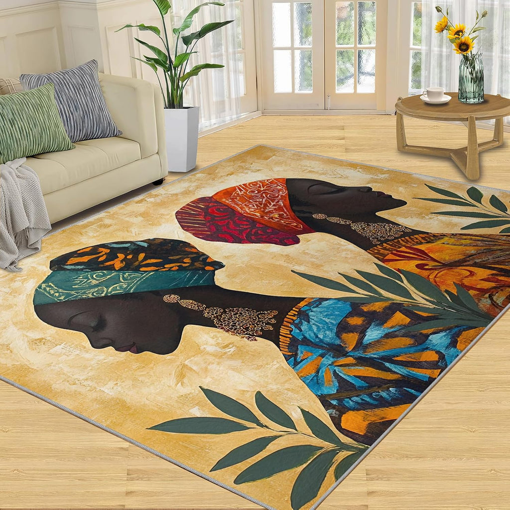 Black Women Area Rug 6x8, African Women Rugs for Living Room, Retro Ethnic Bedroom Rug, Machine Washable Rugs for Sofa Kitchen Dining, Non-Slip Home Decor Carpet
