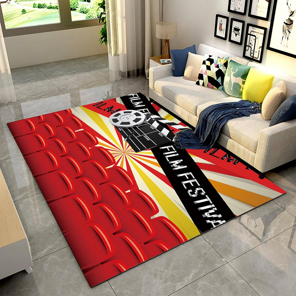 Theater Area Rug,6x8ft, with 3D Red Cinema Seats and Film Tape Patterns - Irregular Pattern Theme, Machine Washable Carpet for Indoor Living Room, Bedroom, and Office Decor Mat
