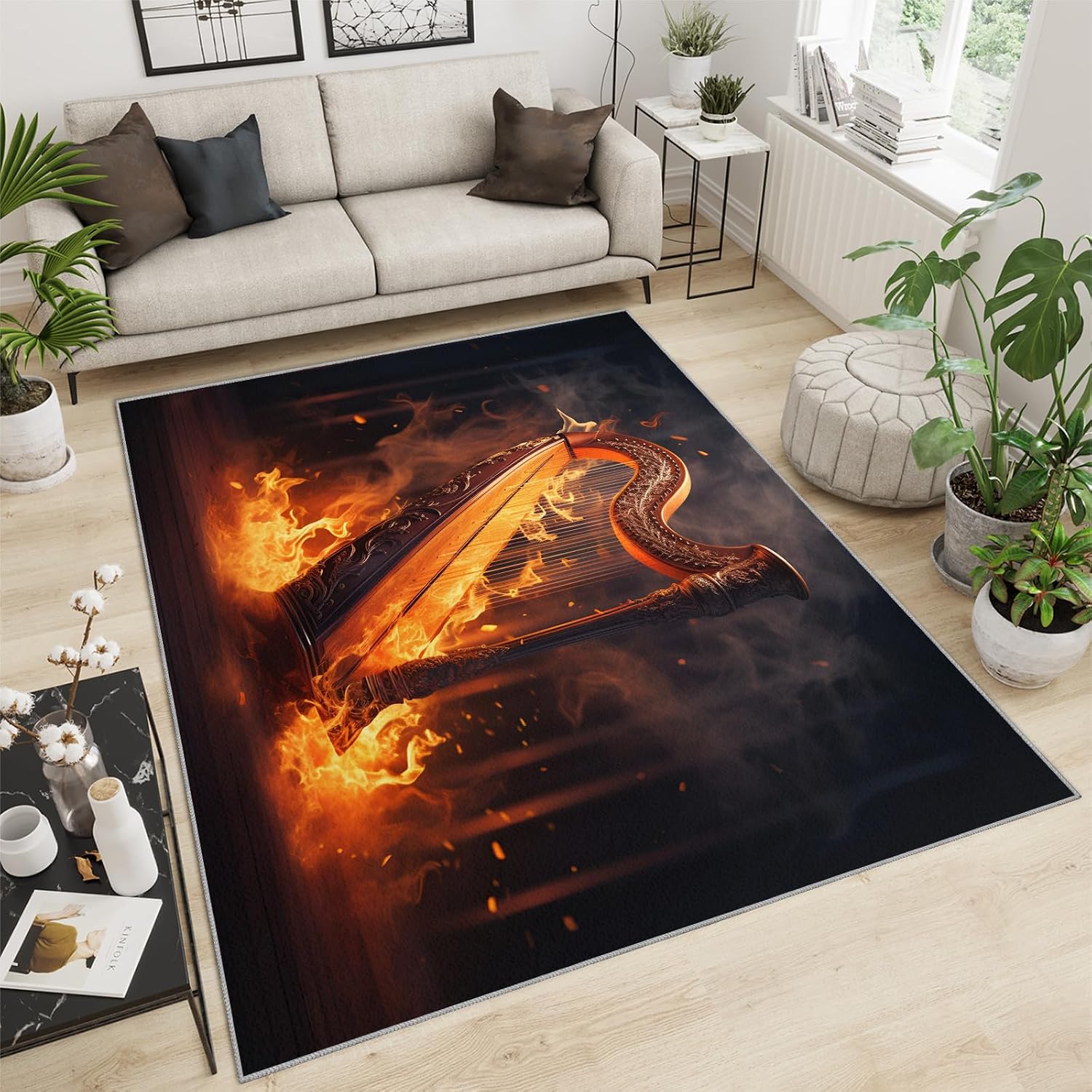 Harp Rug, 4.6x6.6 Area Rug, Flame Harp Rugs for Indoor, Golden Burning Instrument Rugs for Kids Bedroom, Notes Guitar Carpet, Crazy Music Washable Rugs for Living Dining Room