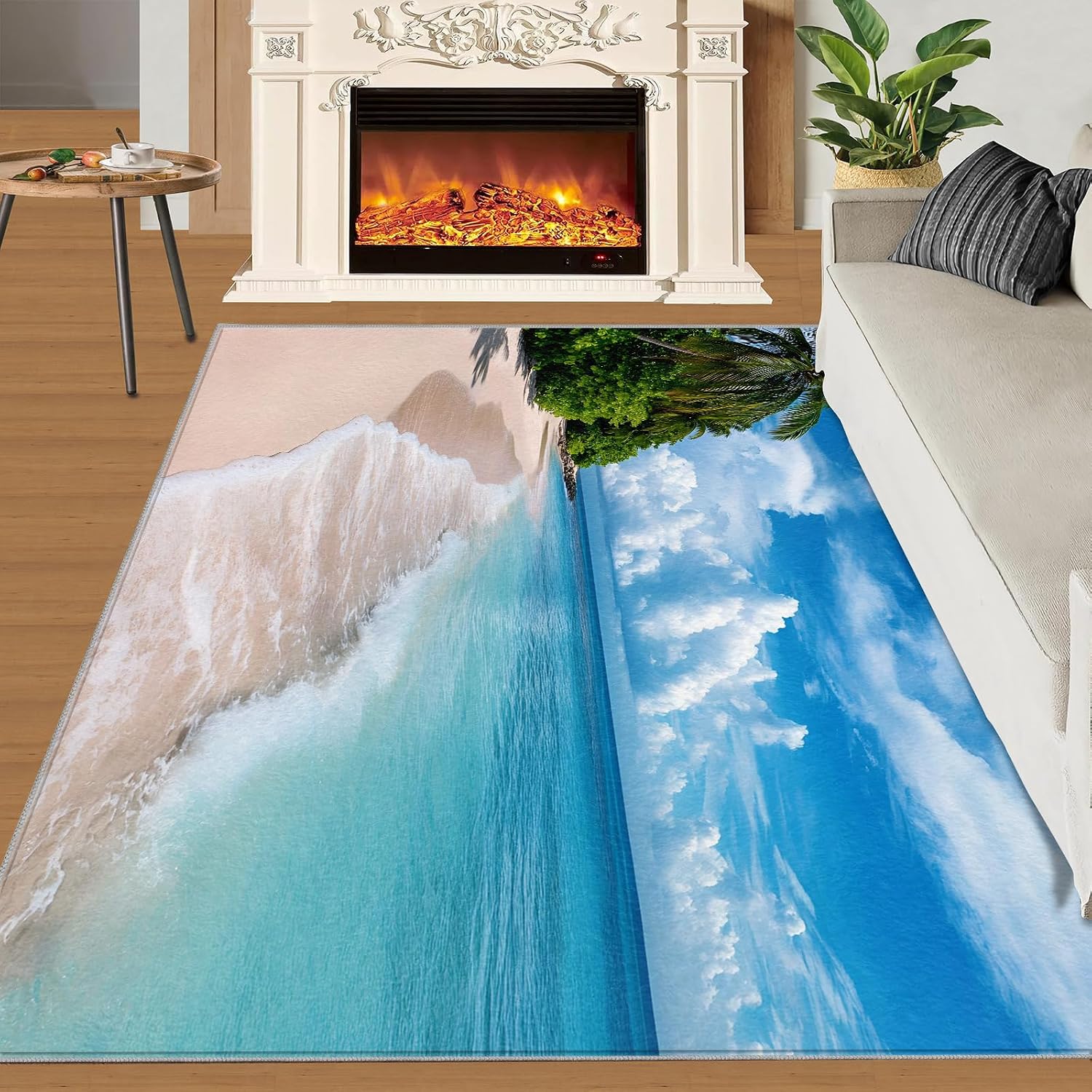 Coastal Area Rug 6x8 - Beach Scenery Large Rugs for Living Room, Sandy Beach Landscape Carpet Area Rug for Girls Bedroom Kids Room Basement Office Classroom