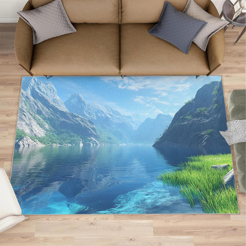 Nature Landscape Rug 6x8-6x8 Rug, Mountains Area Rugs for Living Room Bedroom, Lake Area Carpet, Natural Scenery Washable Carpet, Landscape Home Decor & Gifts