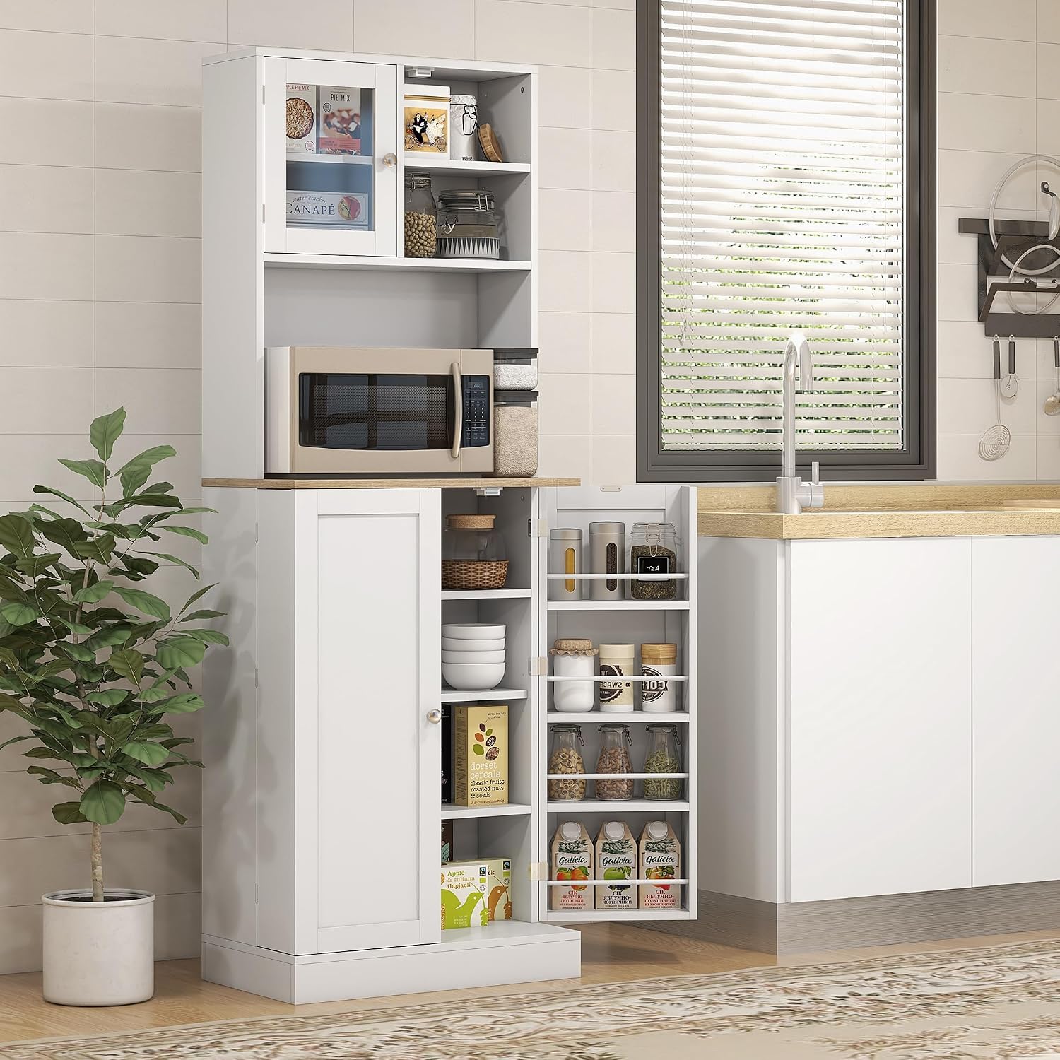 66' Adjustable-Shelf Freestanding Storage Cabinet, Kitchen Storage Bakers Rack with Microwave Stand, Utility Food Cupboard with Anti-tip Design for Kitchen Dining Areas, White