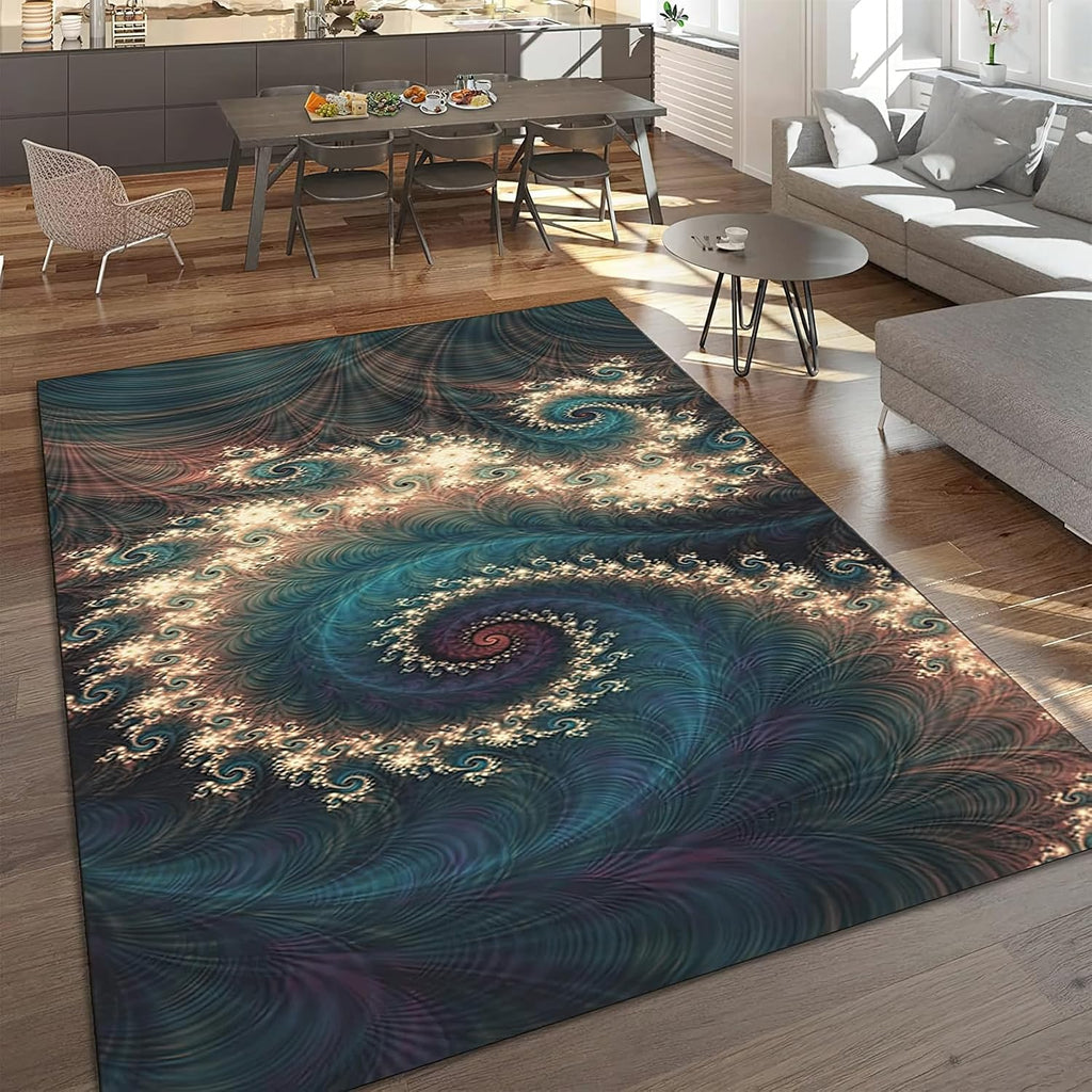 Abstract Blue Feather Area Rug, Modern Peacock Feather Swirl Indoor Non Slip Large Area Rugs, Machine Washable Breathable Durable Carpet for Room Sofa Living Room Home Decor - 5 ft x 7 ft