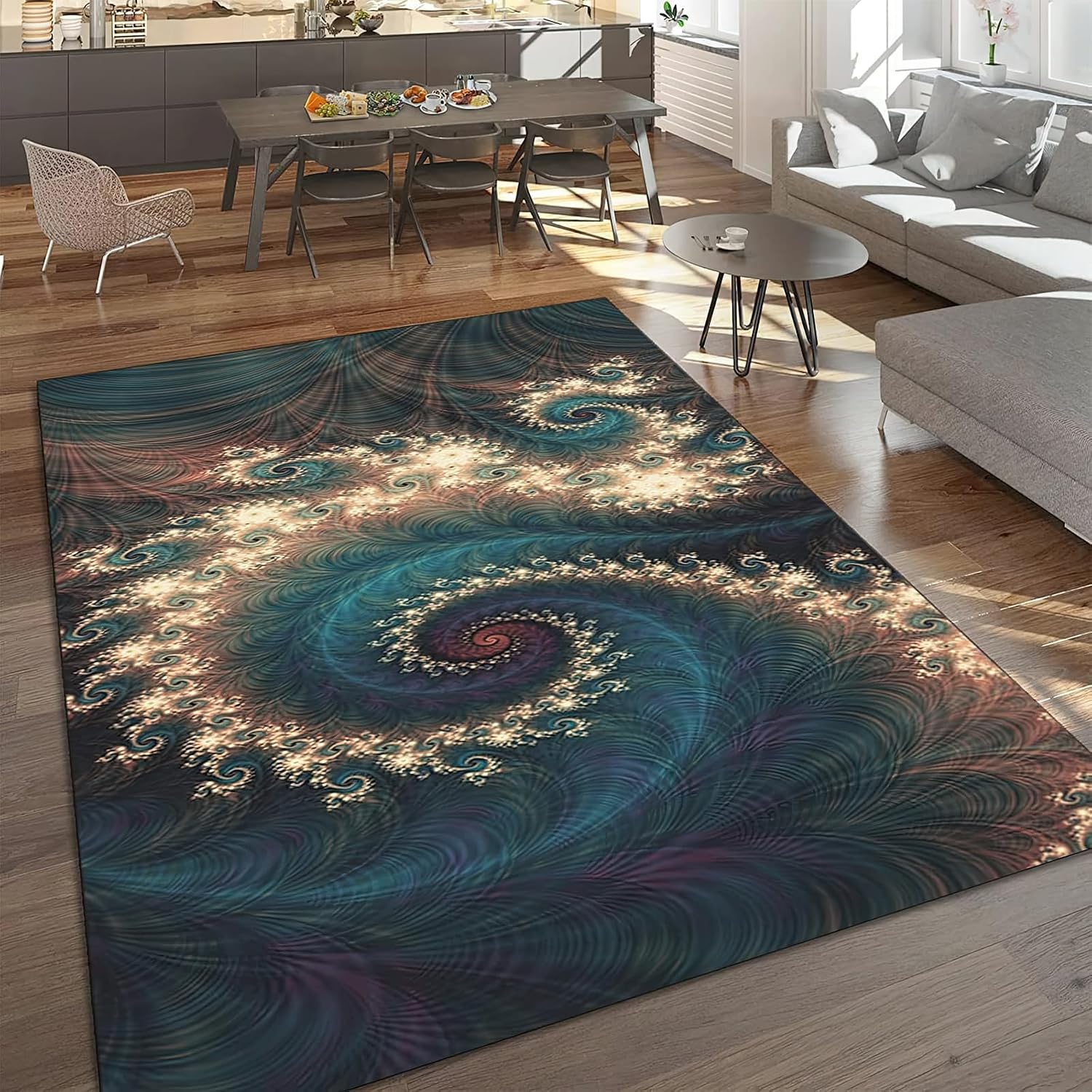 Abstract Blue Feather Area Rug, Modern Peacock Feather Swirl Indoor Non Slip Large Area Rugs, Machine Washable Breathable Durable Carpet for Room Sofa Living Room Home Decor - 5 ft x 7 ft