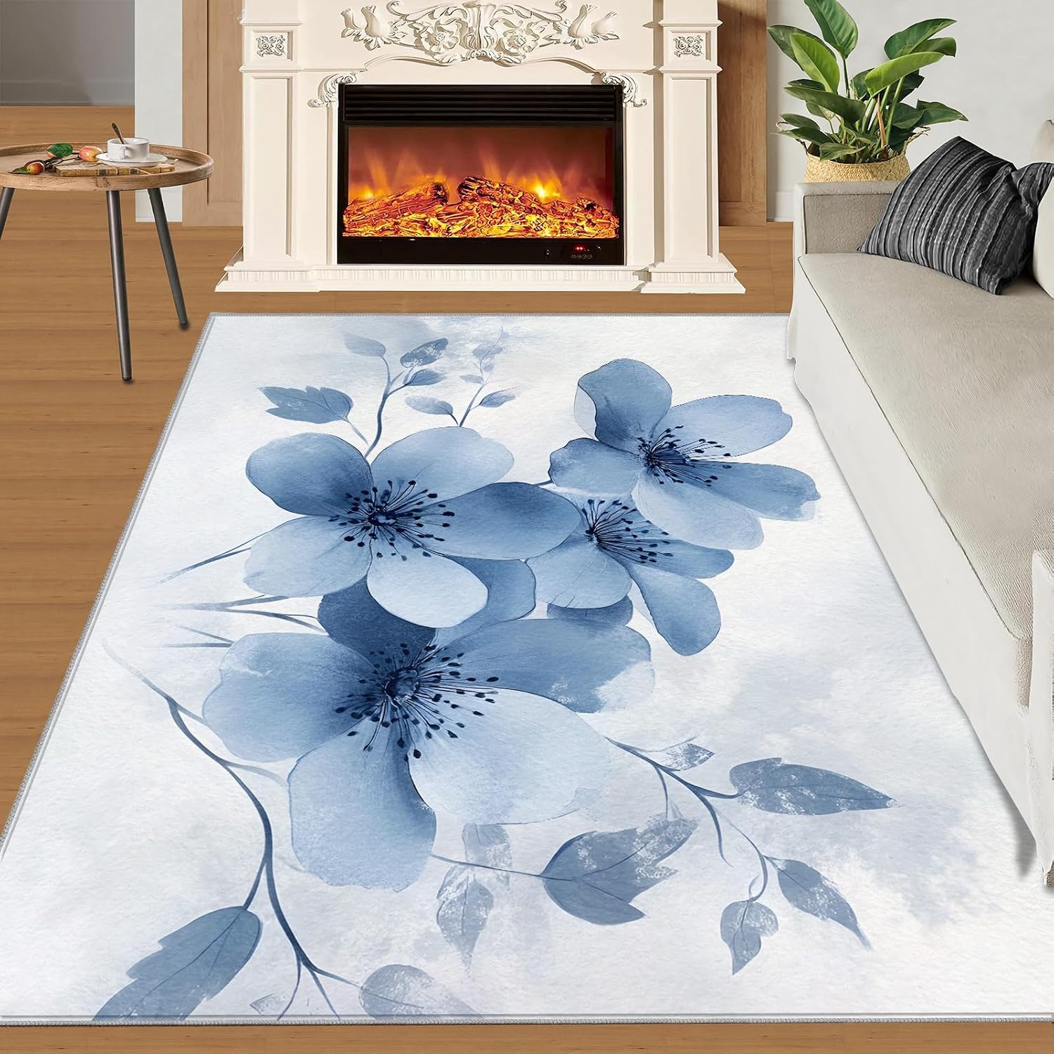 Floral Rugs for Bedroom - 6x8 Area Rug - Boho Floral Rugs for Living Room, Blue Flowers Rug, Non-Slip Washable Home Decor Carpet