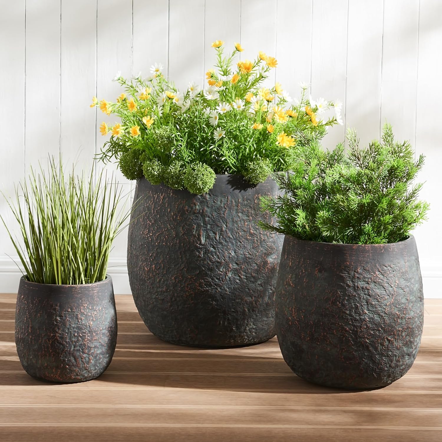 Wallowa 17.3'+12.9'+9.0' Dia Weathered Concrete Flower Pots, Modern Round Style Concrete Planter for Home, Garden, Patio, Courtyard, Bronze Rust Color, Set of 3