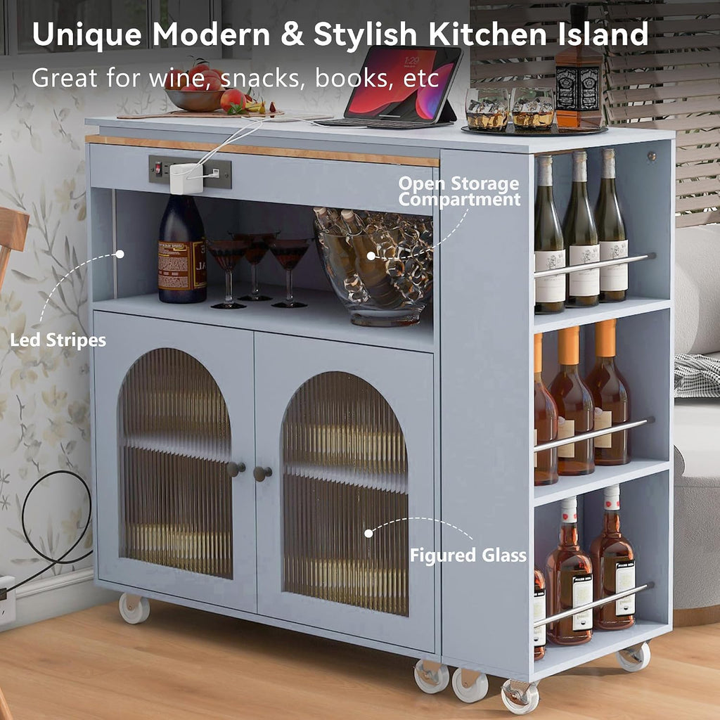 Merax Kitchen Island with Extended Table, Rolling Kitchen Islands Cart with LED Lights, Power Outlets, 2 Fluted Glass Doors, Storage Compartment, and Side 3 Open Shelves (Grey Blue)