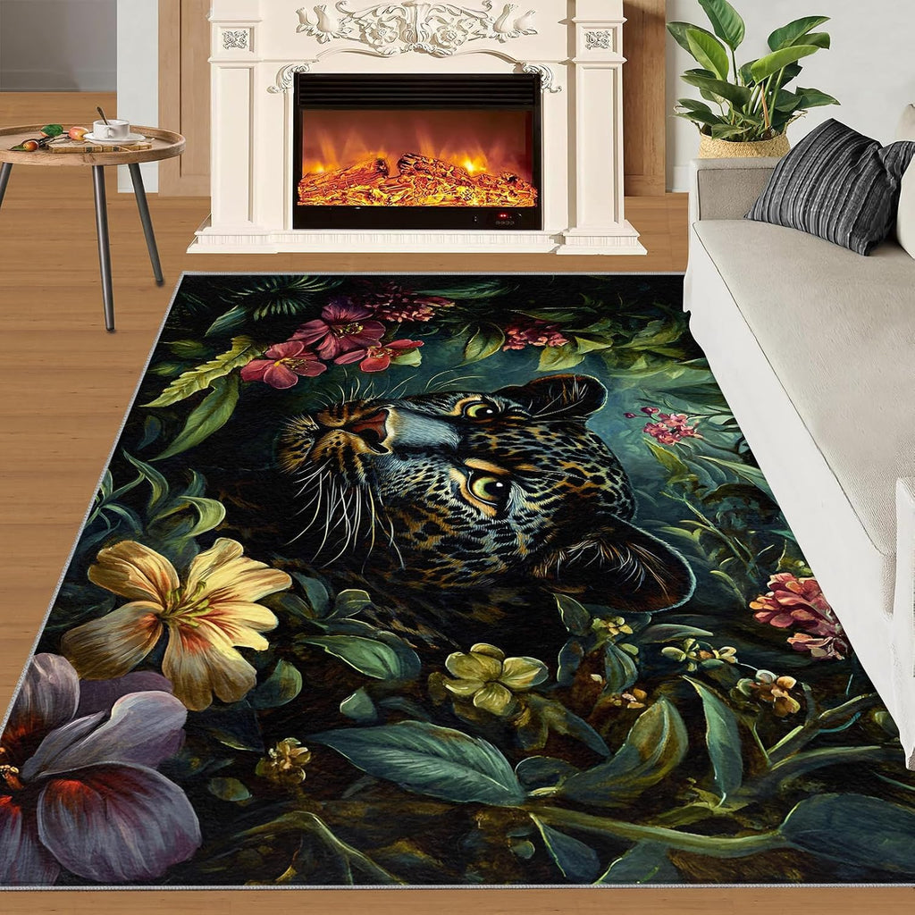 Cheetah Rug, Tropical Rainforest Rugs for Bedroom 6x8 Rug, Leopard Area Rug, Rugs for Living Room, Non Slip Washable Carpet for Kids Room Home Decor