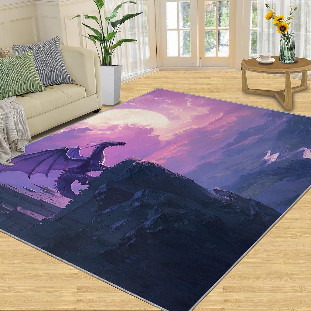 Dragon Rug 6x8, Castle Rugs for Bedroom, Dragon Area Rug, Home Decor Rugs for Living Room, Non-Slip Machine Washable Carpet