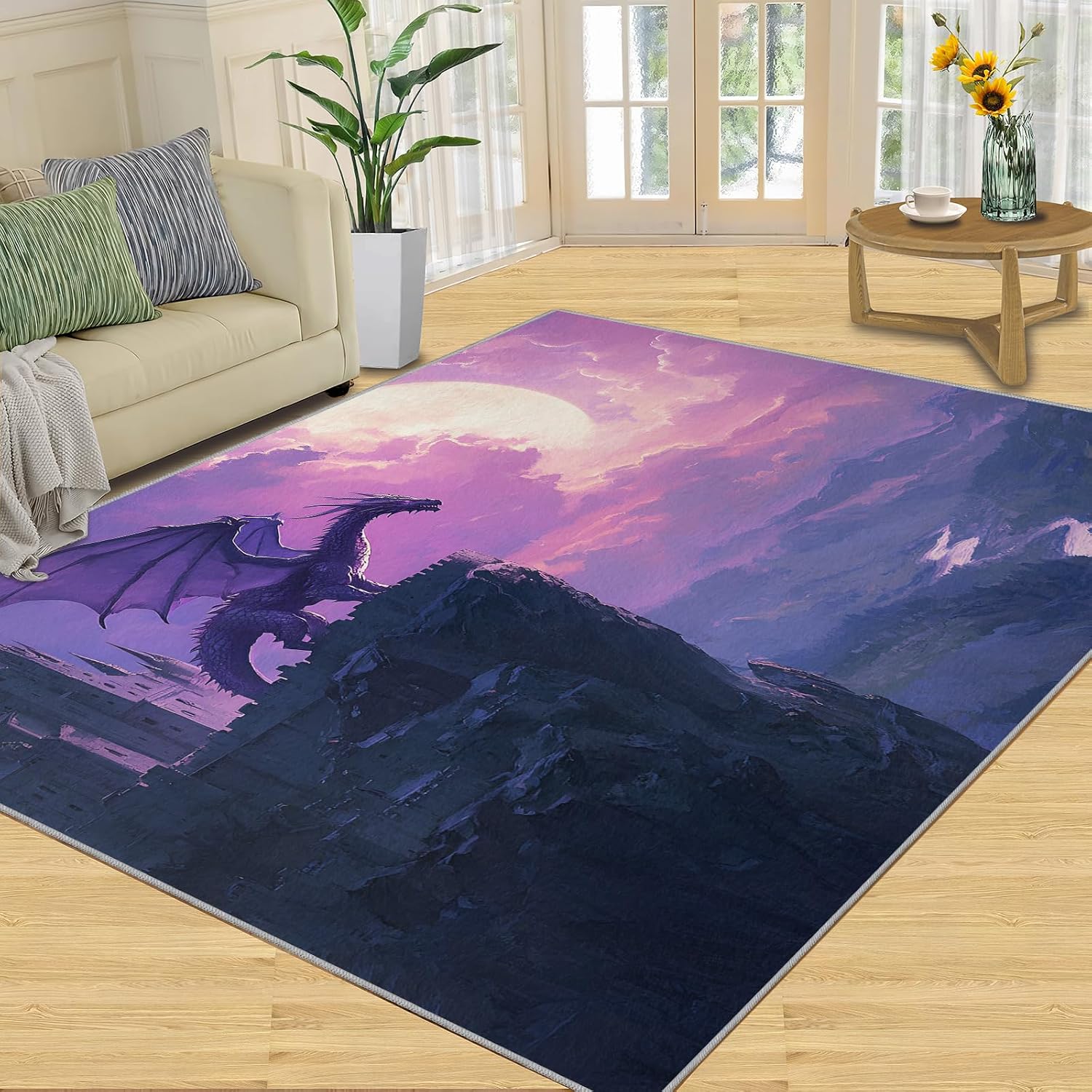 Dragon Rug 6x8, Castle Rugs for Bedroom, Dragon Area Rug, Home Decor Rugs for Living Room, Non-Slip Machine Washable Carpet