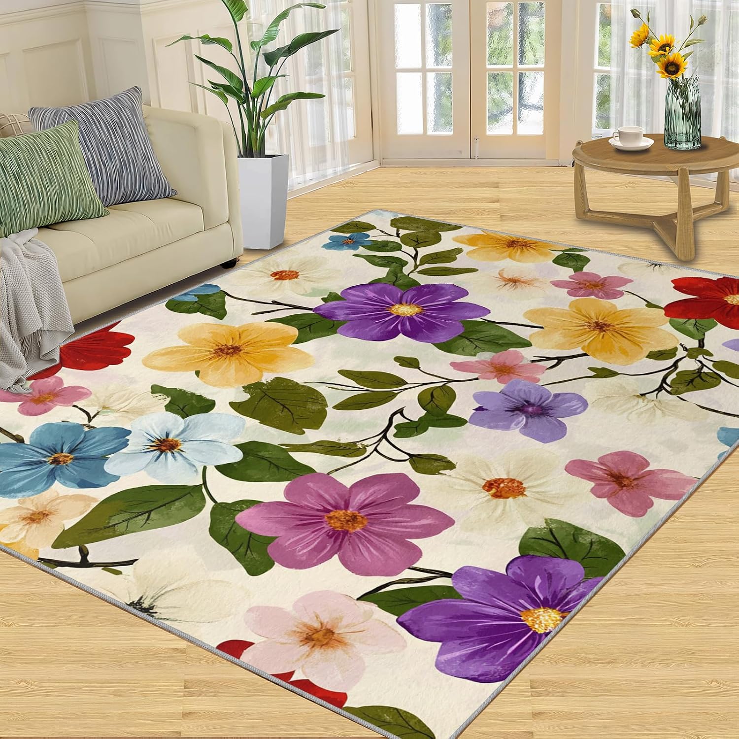 Floral Area Rug Large - 6x8 Rug, Boho Floral Rugs for Living Room, Beige Carpet, Retro Flower Washable Area Rugs for Bedroom, Boho Carpet, Flower Home Decor