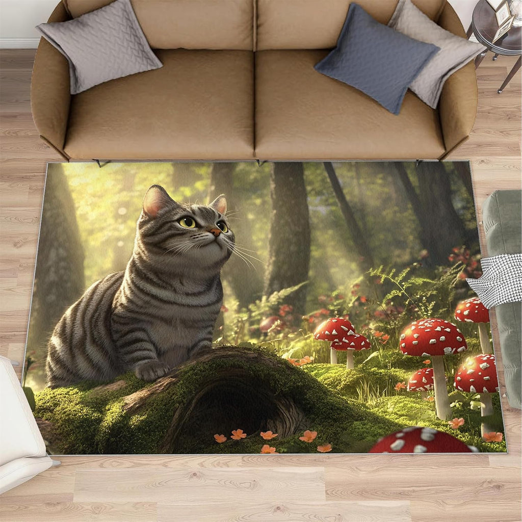 Cat Rug 6x8-6x8 Rug, Mushroom Area Rugs for Bedroom, Nature Landscape Rugs for Living Room, Forest Washable Carpet, Cat Home Decor & Gifts
