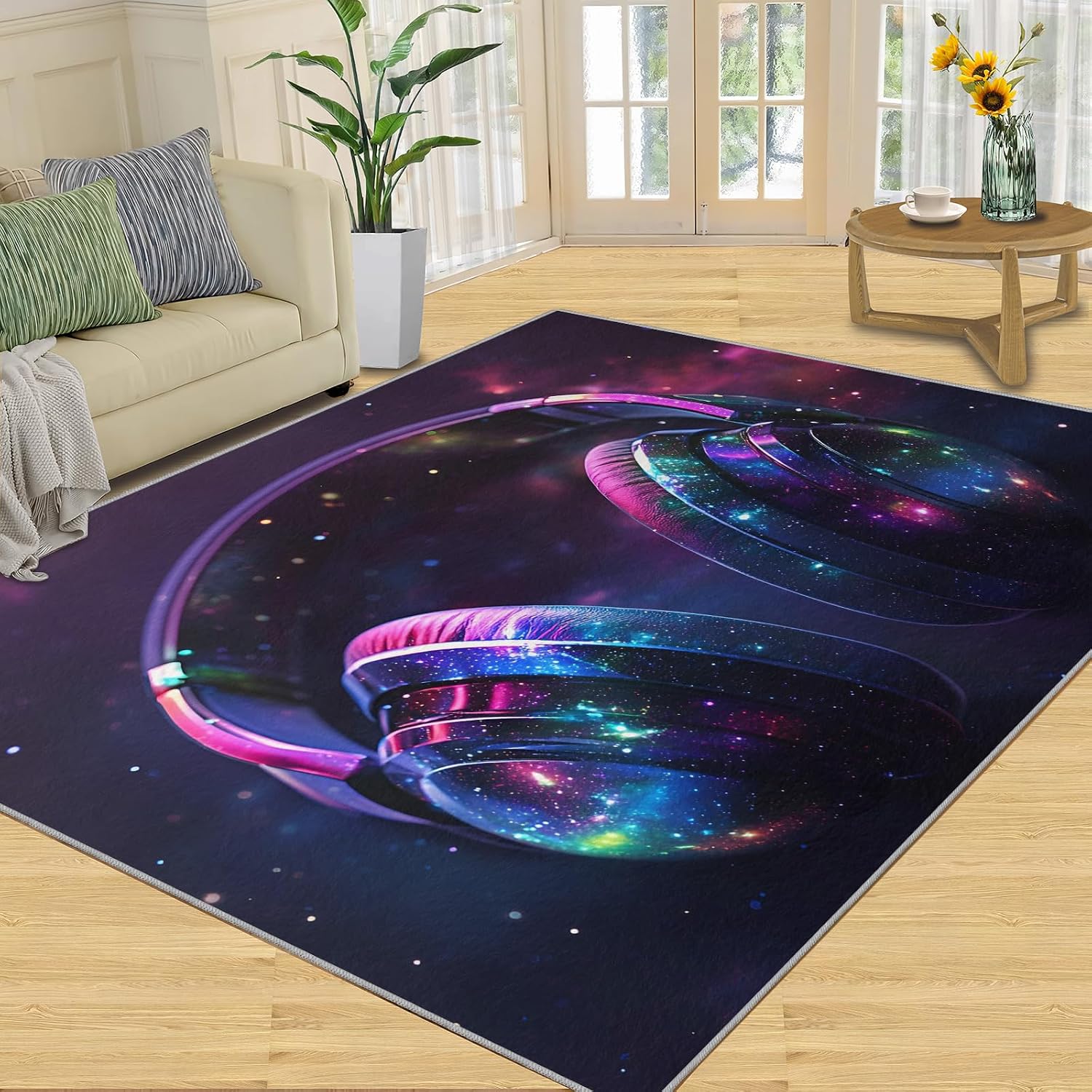 Headphones Rugs for Bedroom, Trendy Headphones Rug 6x8, Music Lover Dining Room Rugs Washable & Non Slip Large Carpet for Home Decor