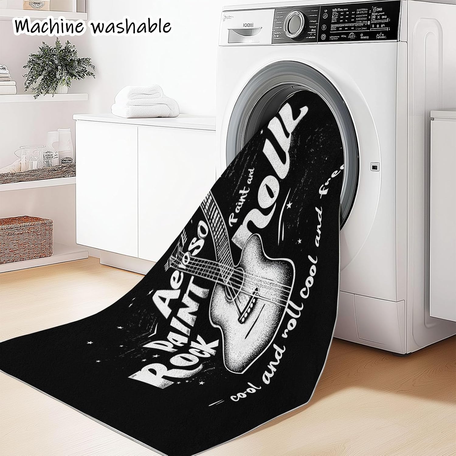Washable Non-Slip Area Rug Resistant, Art Rock and Guitar Theme for of Living Room Bedroom Kids Room, Nursery, Office, Kitchen, Black 5 x 8 ft Carpet Pet & Child Friendly