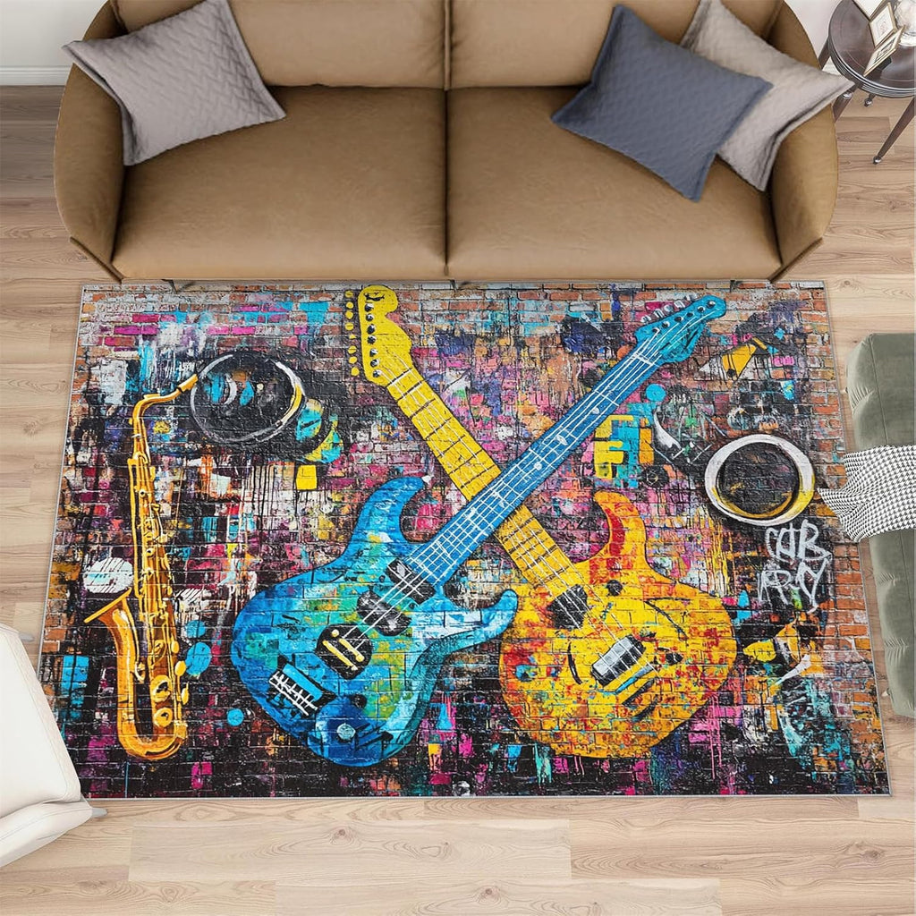 Guitar Rug & Home Decor - 5x7 Rug, Graffiti Rugs for Bedroom, Hip Hop Washable Rugs for Living Room, Musical Carpet, Non Slip Indoor Guitar Floor Mats & Music Room Decor