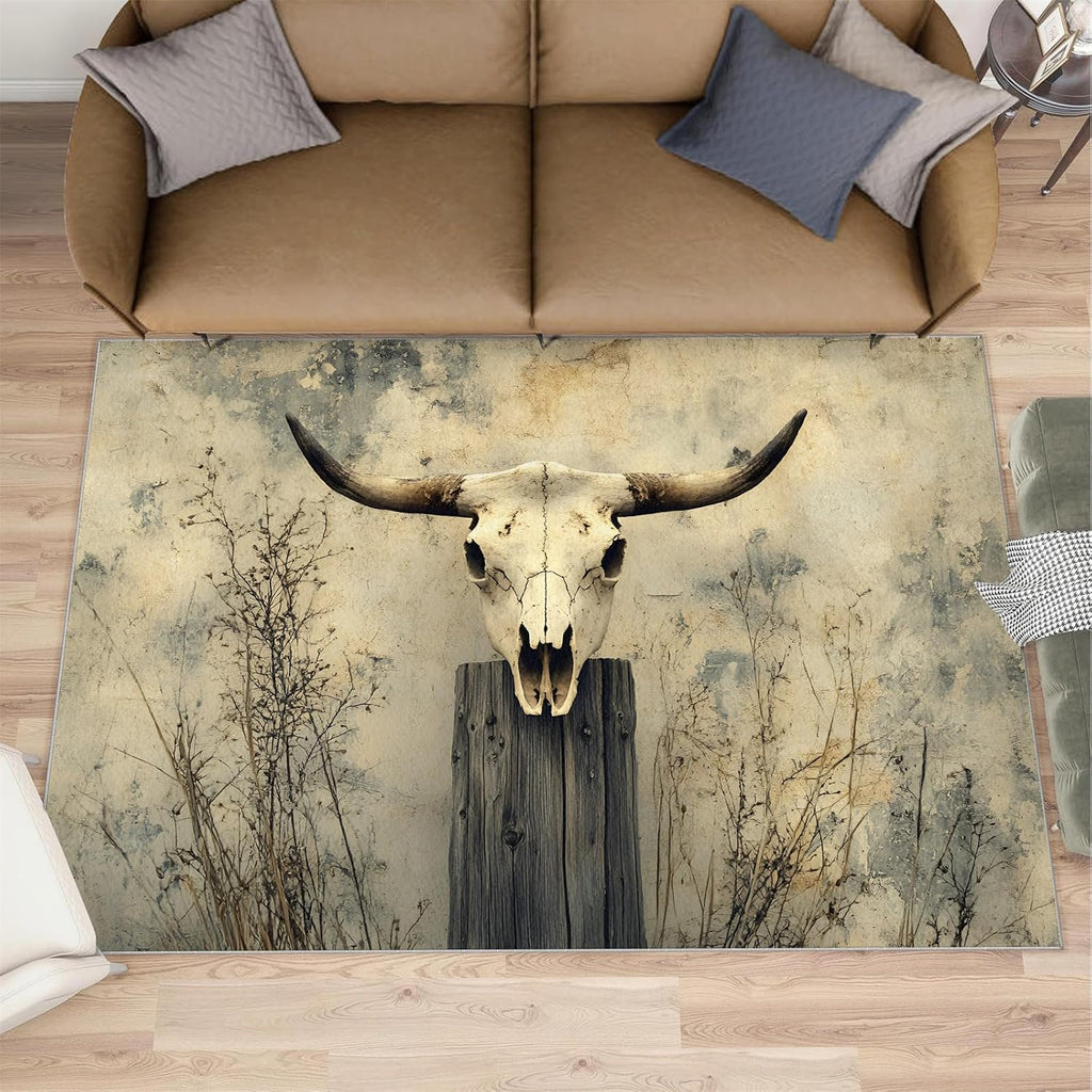 Cow Skull Rug 6x8, Nationality Rugs for Bedroom, Retro Area Rug, Home Decor Rugs for Living Room, Non-Slip Machine Washable Carpet