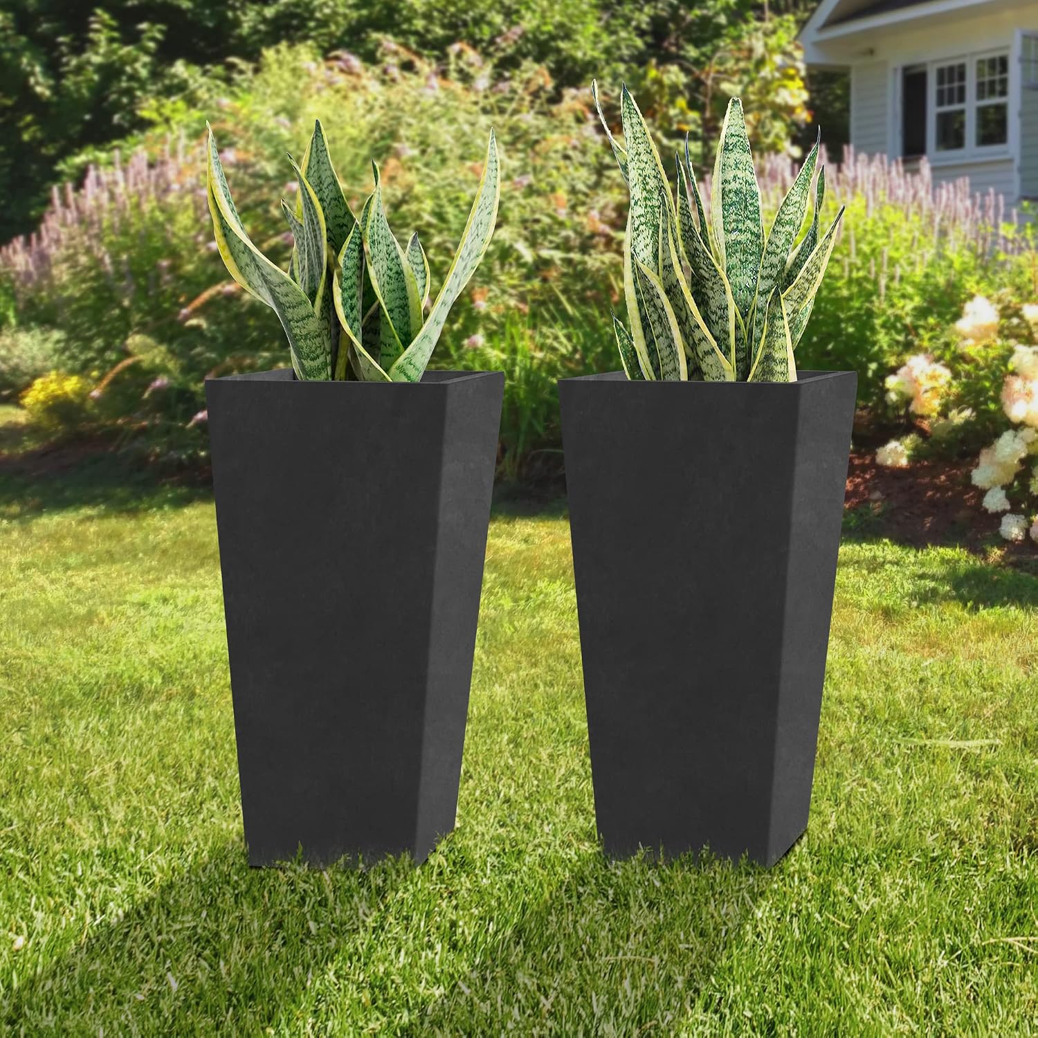 Kante 24.4' H Concrete Tall Tapered Planter Set of 2, Large Outdoor Indoor Garden Plant Pot with Drainage Hole and Rubber Plug Home and Patio, Burnished Black Finish
